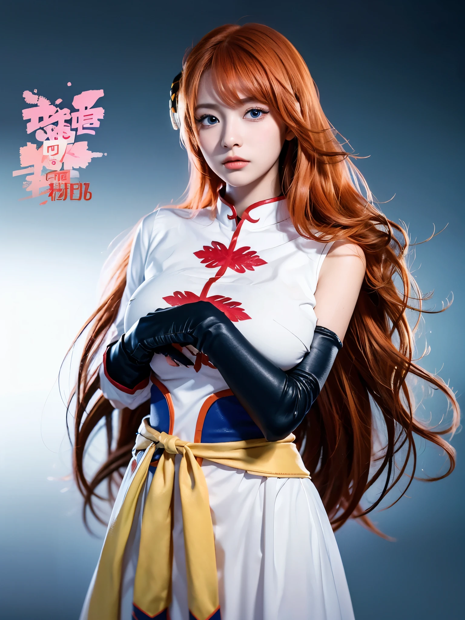 1girl, solo, cute chinese girl, clear makeup, pink eye shadow, 
kgr2, 1girl, white dress, asymmetrical gloves, chinese clothes, side slit, black gloves, china dress, uneven gloves, (right hand gloves, left elbow gloves), thighhighs,
long hair, (light orange hair, diagonal bangs), (, pointy  :1.5),
cowboy shot, looking at viewer, (hand in own hair:1.35), active pose, dynamic angle,
(masterpiece, best quality:1.4), (8k, raw photo, photo realistic:1.2), cinematic lighting, soft lighting,
, shiny skin, detailed skin, detailed face, detailed eyes,
((simple white background)),