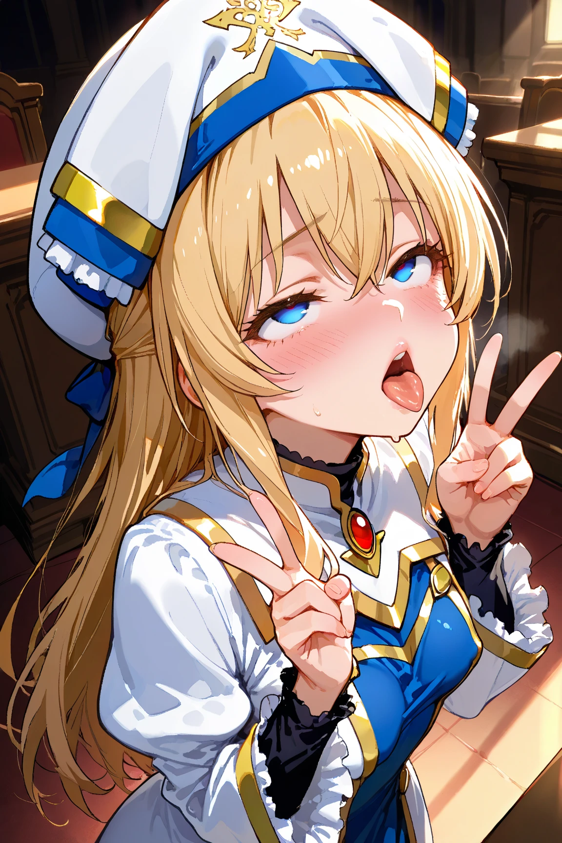 (1girl, Priestess \(goblin slayer!\), goblin slayer!), beautiful detailed eyes, Blue eyes, half-closed eyes, (opened big mouth, licking, Sticky tongue), nsfw, (close-up mouth), (curvy, Slender),(cleavage), from above, Highest quality, Super detailed, masterpiece, Ultra-high resolution, 8k, Embarrassing, blush, Lovely, (With tears in my eyes), Sticky saliva