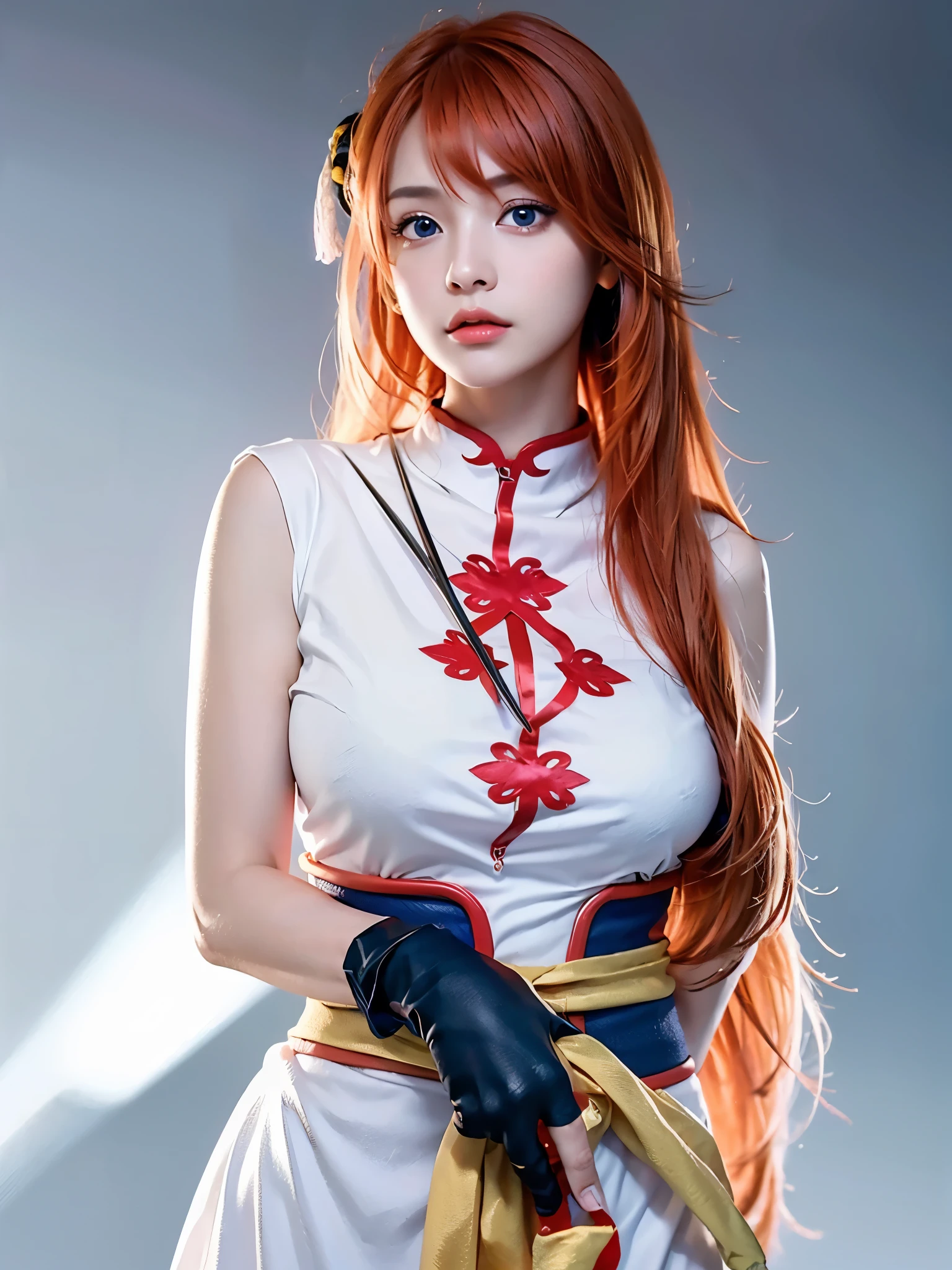 1girl, solo, cute chinese girl, clear makeup, pink eye shadow, 
kgr2, 1girl, white dress, asymmetrical gloves, chinese clothes, side slit, black gloves, china dress, uneven gloves, (right hand gloves, left elbow gloves), thighhighs,
long hair, (light orange hair, diagonal bangs), (, pointy  :1.5),
cowboy shot, looking at viewer, hand in own hair, active pose, dynamic angle,
(masterpiece, best quality:1.4), (8k, raw photo, photo realistic:1.2), cinematic lighting, soft lighting,
, shiny skin, detailed skin, detailed face, detailed eyes,
((simple white background)),