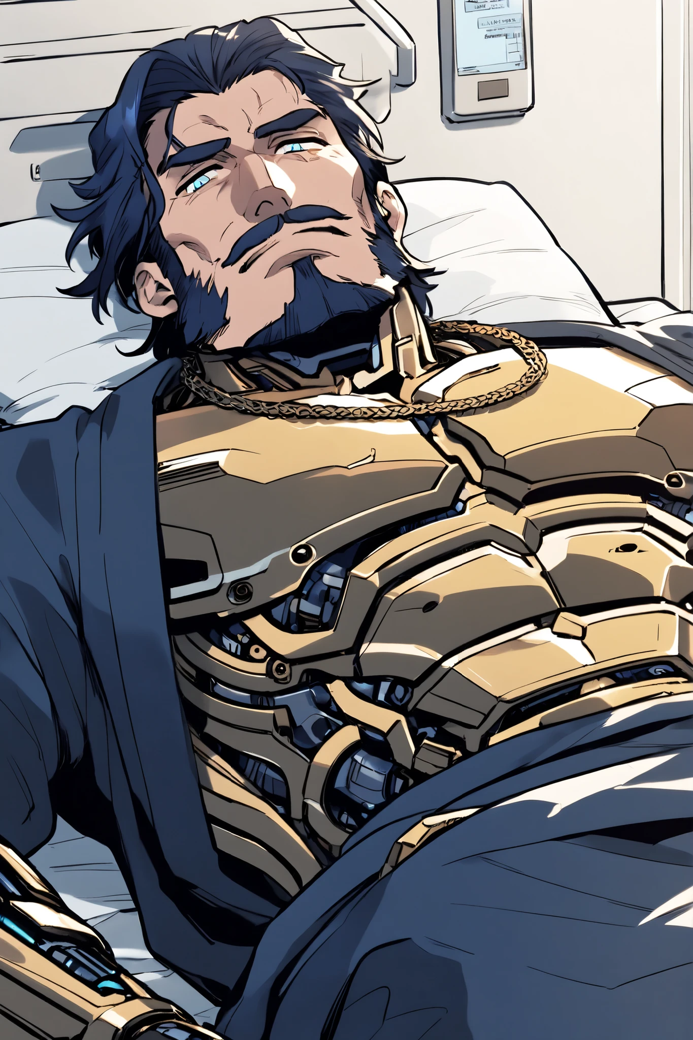 A middle-aged, muscular cyborg samurai, lying down on a bed in the hospital, wearing a dark blue color kimono, mustache, mechanical body, dark blue hair, light blue eyes, looking at the viewer, his body is made of machine, high heatstroke, wearing gold chain necklace, Exhausted, It's severely malfunction.