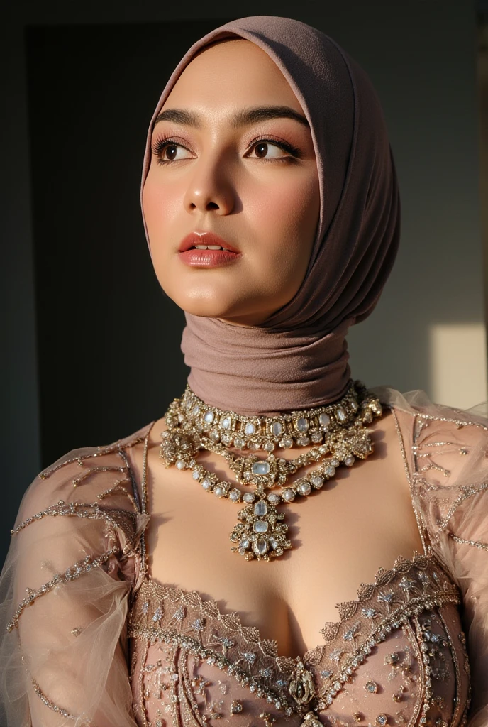 ((SHORT HIJAB)), ((Flat chest:1.7)), (dynamic photograph of a 58 year old Indonesian woman), (slim top, cotton panties), (straight non curly hair), (highly detailed face:1.4), (vascular muscles and abs:1.3), (background inside light, bright, private gym:1.1), (8k, uhd, dslr, high quality, cinematic lighting, bokeh), (dramatic, award winning photography, incredible masterpiece:1.3), (((sexy sultry stare at camera:0.8))), close up, ((she is ready to dominate you:0.5)), ((beautiful feminine face)) (she is a champion MMA fighter), add_detail:1, ((Wearing strapless pastel)) lace white & white , from behind view, seductive pose 