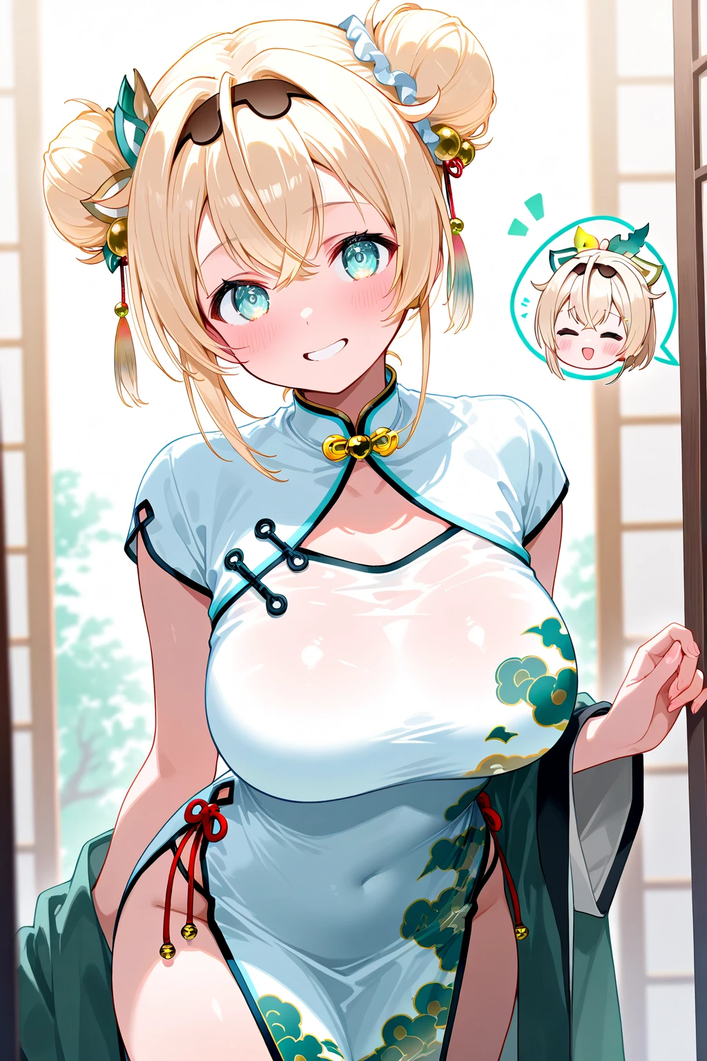 (NSFW, Absurd, Extremely High Resolution, Super Detailed)): High-definition, ultra-detailed image, featuring a mature adult in a solo scenario. The image is characterized by its absurd, surrealistic elements, showcasing an eccentric depiction of the human body. The resolution is so high that every fine detail is visible, from the pores on the skin to the individual strands of hair. The subject is smiling happily, exuding a sense of contentment. The focus is on an upper-body shot, with blonde short hair framing a noble, mature face. The background is simple but intricately detailed, featuring a fantastical spring garden. The lighting is cinem