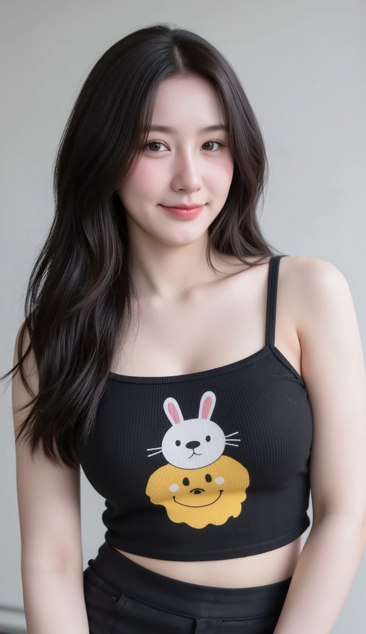 Realistic teen woman Beautiful face Black long hair Big breasts Attractive shape Looking and smiling for camera 8K high definition sharp focus Very high detail Realistic like photo Natural light Smooth skin
The close-up shot sees only half of the body slightly above the waist.
The background is light gray, does not require any details.
She wore a black tank top with a cartoon or graphic print, or a floral print, or a cartoon animal print. (It can be a single stripe or a combination of several stripes)
Eyes look down at the camera, head still straight, warm and stylish atmosphere