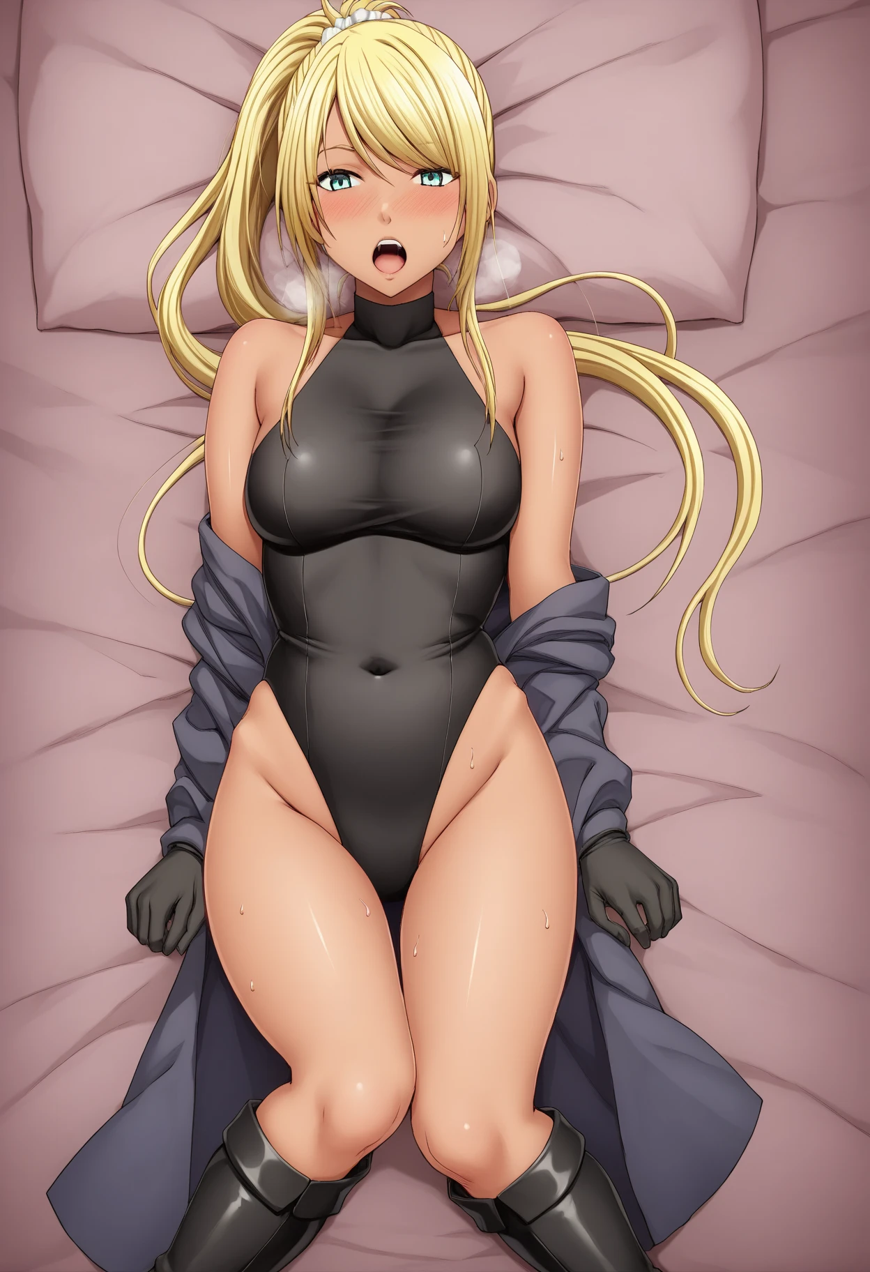 highest quality,sleep on your back in bed，Crab crotch，show me your boots，thigh high boots，leotardチラ見せ，glove，elegant, 1 girl, leotard，body suit，cute, blushed, looking at the viewer, from below, prison，blue eyes, beautiful eyes, beautiful background, particles of light, Light of the sun, dramatic lighting, outside, shiny, realistic, table top, highest quality, Super detailed, get used to it, scenery, beautiful and detailed eyes, thin hair，full body shot，