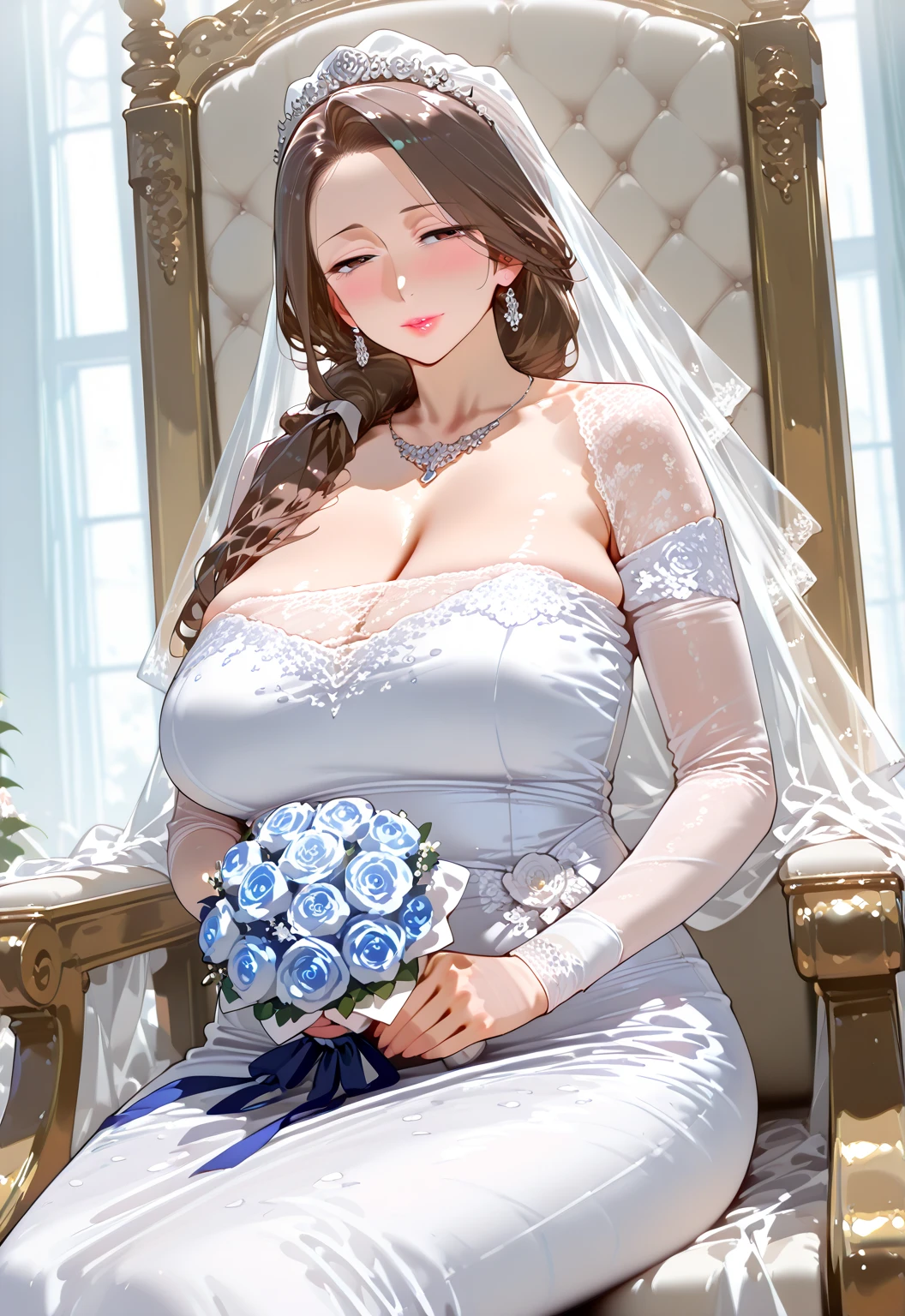 Girl with huge sagging breasts with a sweetheart neckline and a lace neckline ,bridal veil and bouquet