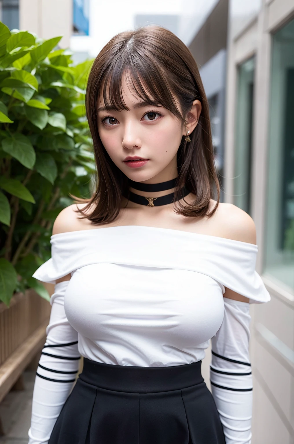 On the table, best quality, Photorealism, Finely, high resolution, 8k wallpaper, Perfect dynamic composition, Delicate and beautiful eyes, Medium Length Hair, Full breasts, Casual sexy poses,Chest to chest、(Khaki Knitted Stand Collar Cropped Vest，Showing cleavage)、(Breast bulge 1.2)、laughter、open mouth、View from the resort、23 years old、(Sagging eyes 1.4)、Adult Beauty、Japanese