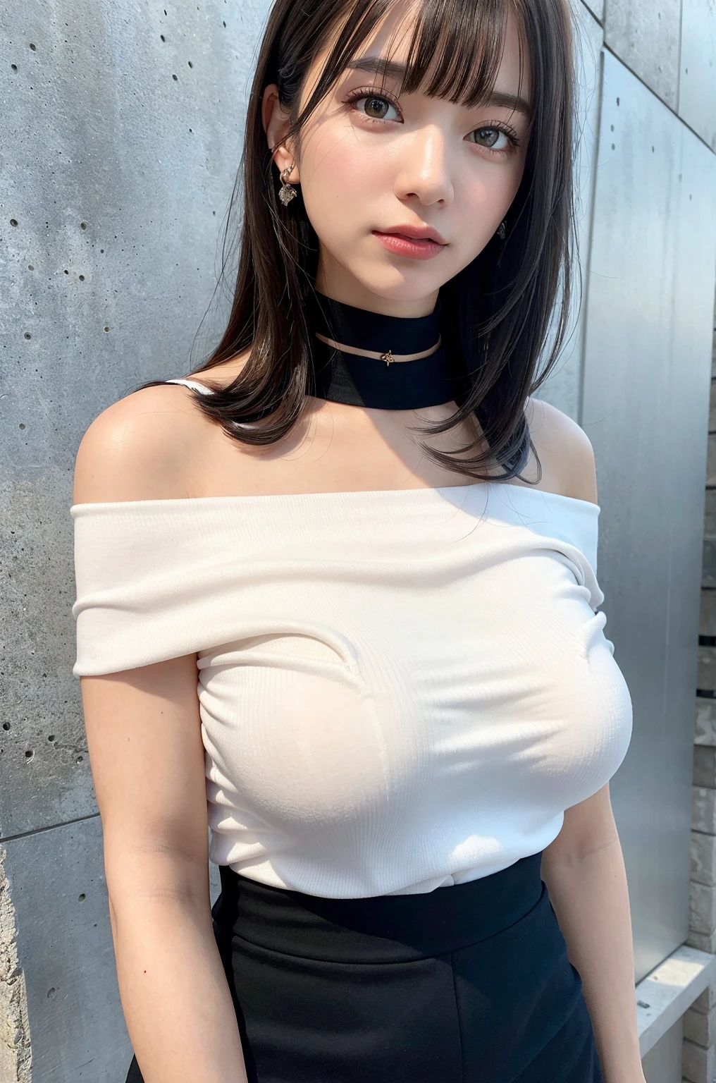 best quality, ultra high res, (photorealistic:1.4), 1girl, off-shoulder white shirt, black tight skirt, black choker, (faded ash gray hair:1), looking at viewer, Cleavage、tits