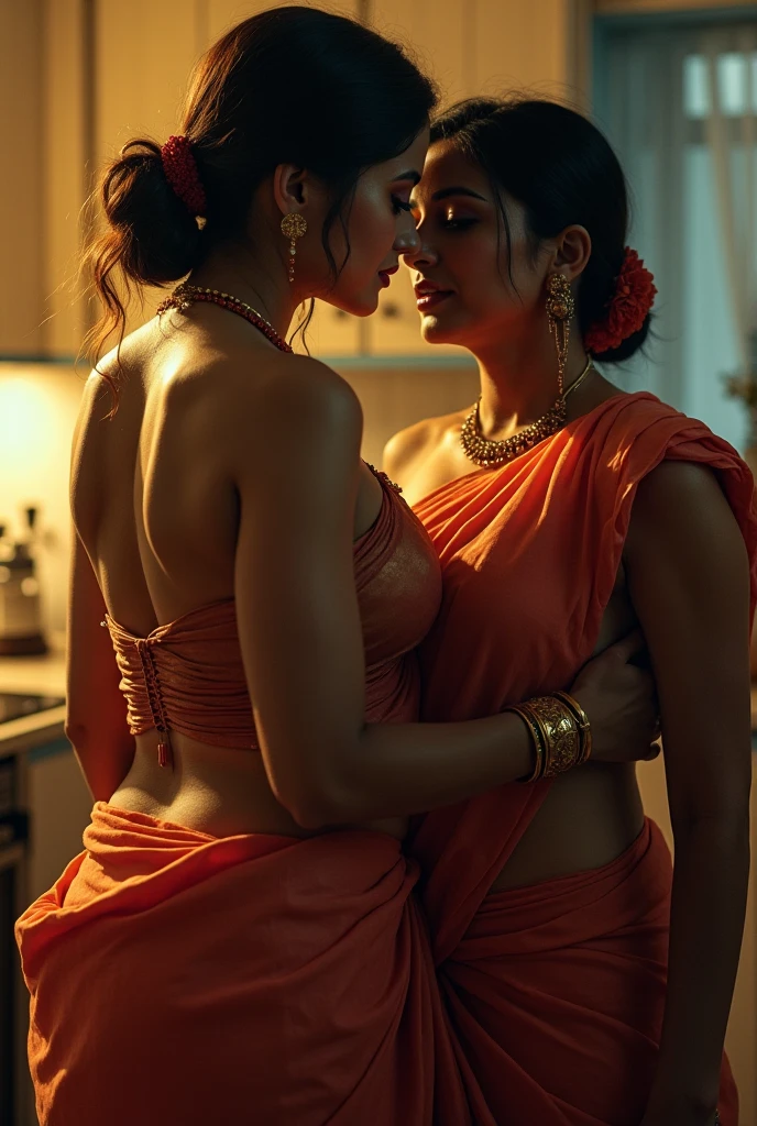 Realistic image, muslim man kissing 23 years old hindu kerala girl neck. Hindu girl looking fair and half naked and wearing sexy skirt and cleavage showing blouse