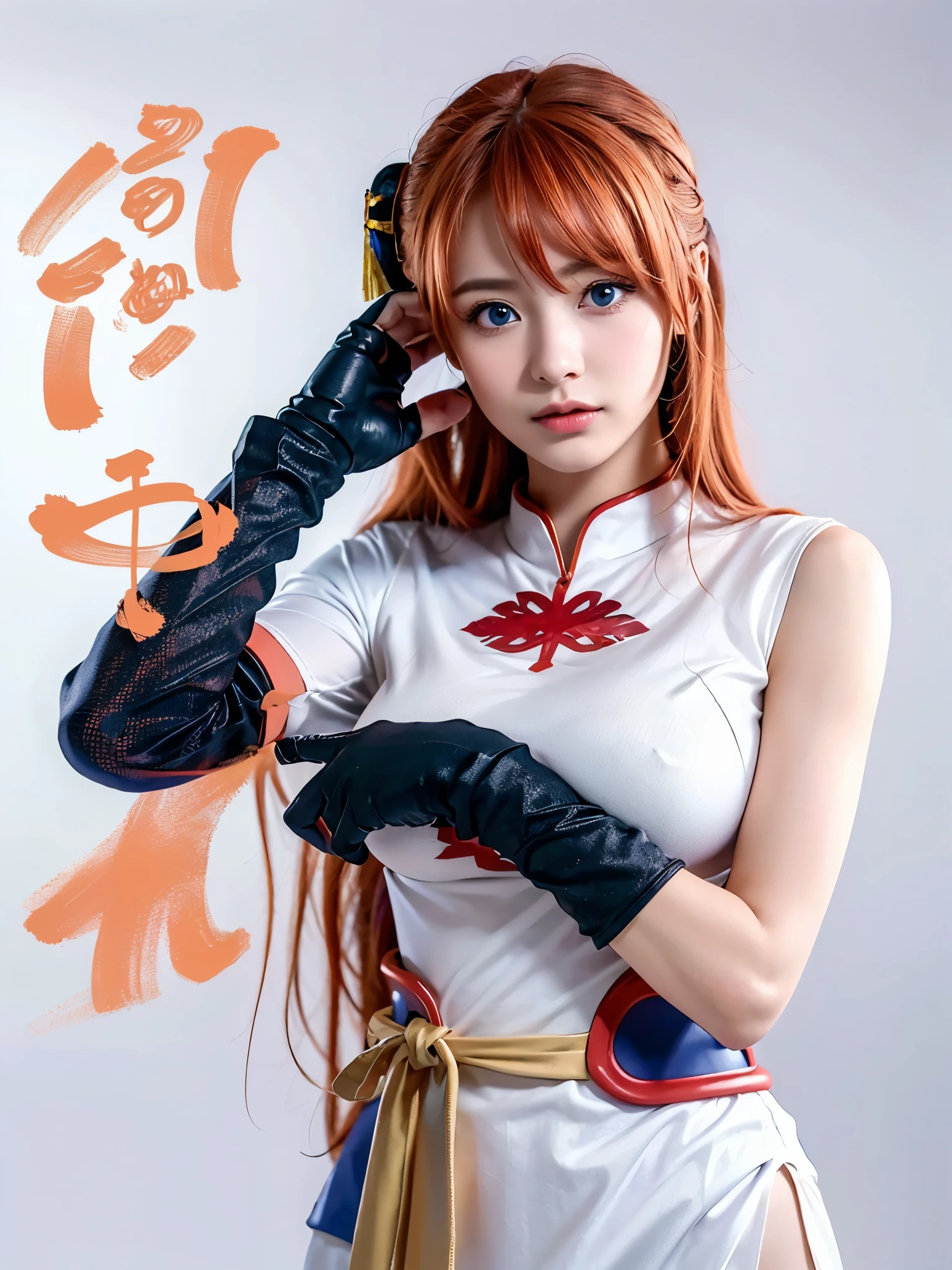 1girl, solo, cute chinese girl, clear makeup, pink eye shadow, 
kgr2, 1girl, white dress, asymmetrical gloves, chinese clothes, side slit, black gloves, china dress, uneven gloves, (right hand gloves, left elbow gloves), thighhighs,
long hair, (light orange hair, diagonal bangs), (, pointy  :1.5),
cowboy shot, looking at viewer, hand in own hair, active pose, dynamic angle,
(masterpiece, best quality:1.4), (8k, raw photo, photo realistic:1.2), cinematic lighting, soft lighting,
, shiny skin, detailed skin, detailed face, detailed eyes,
((simple white background)),