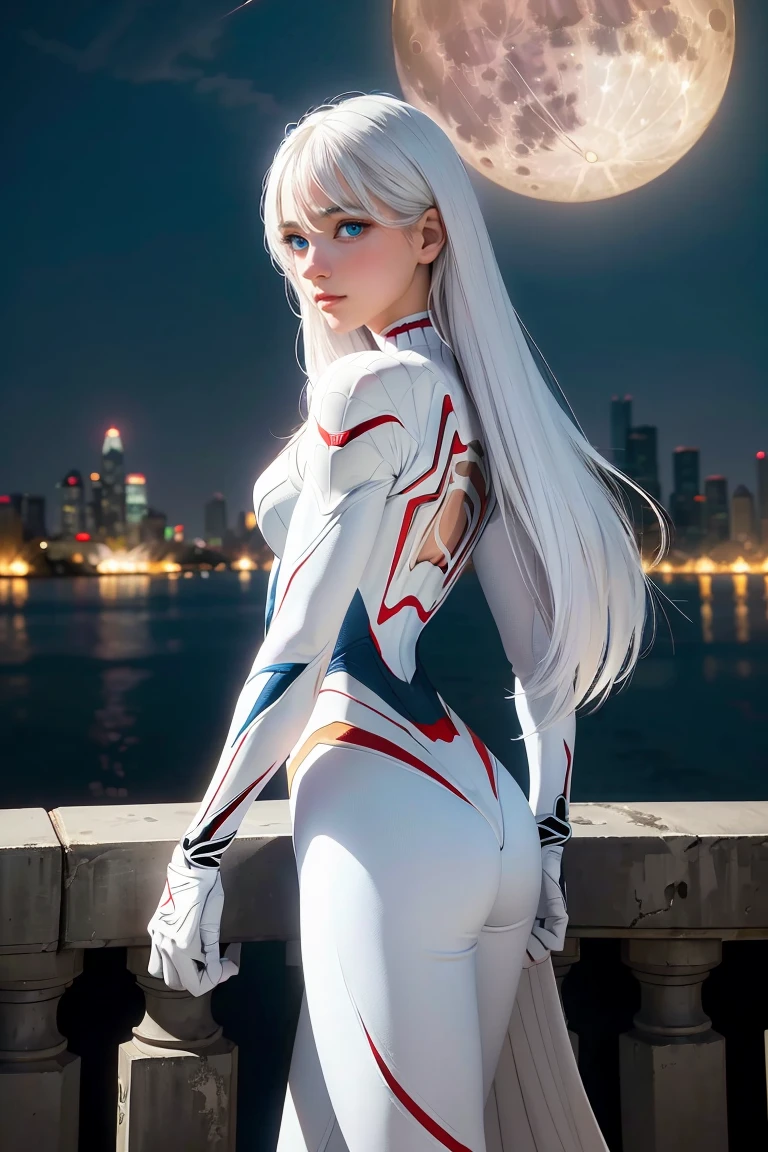 1girl, (solo), anime girl with long white hair and red eyes, girl with white hair, girl in white turtleneck, ((eyepatch)), pointed ears, ((vampire)), smirk, smug, closed mouth, cowboy shot, perfect white haired girl, white haired deity, digital cyberpunk anime art, turtleneck, lens flare, ((dramatic lighting)), soft glowing red eyes, extremely detailed, masterpiece, looking at viewer, city in background, (night)