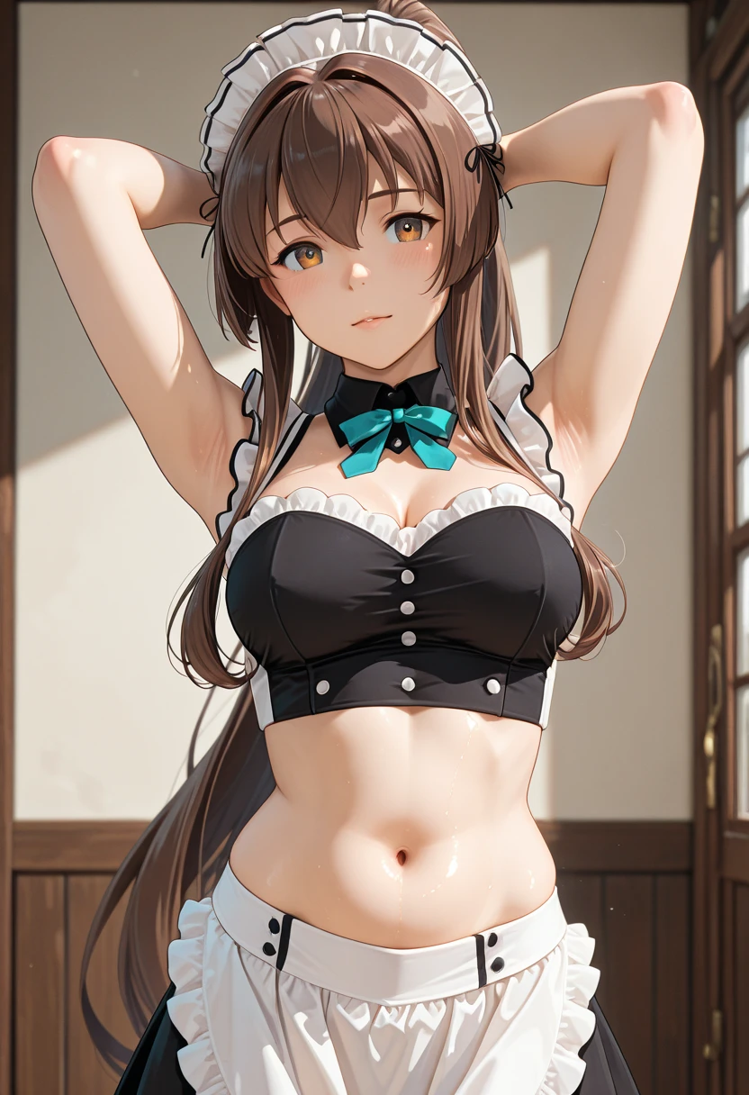 A young woman, His body matured into its adult proportions, stands out as the central figure of this piece. Her silhouette is characterized by fully developed breasts, Quadris mais largos, e cintura definida, enhancing her feminine allure. Her skin is fair, with a natural variation of tone that deepens around her – a subtle detail that underscores the authenticity of her depiction, seios enormes