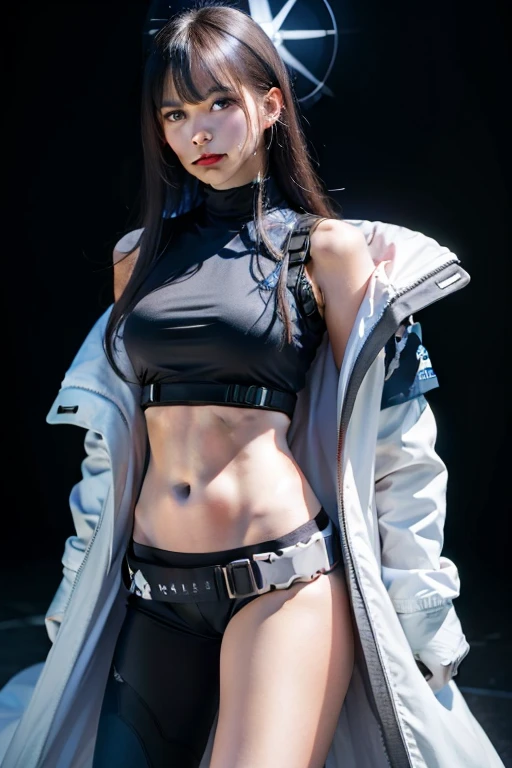 8K,younger sister,so beautiful(Like the real thing),Toned, muscular body,sexy,clear narrow eyes,black eye,Cool smile,Black long perm,Blue combat jacket,Black Shirt,Black combat pants,short,Compensate,Ultra-Realistic Skin,compensate,masterpiece,Photorealistic RAW photos of the highest quality。Bright colors,Rich colors, Backlight, Cinema Lighting, Film Grain, 50mm lens, Nikon D850,Detailed character art,Fantasy art,Ultra-high resolution,Ultra-Realistic Skin,Perfect hand shape,In front of the abandoned temple,Beautiful expression,close,Very small breasts,Muscular Beauty,