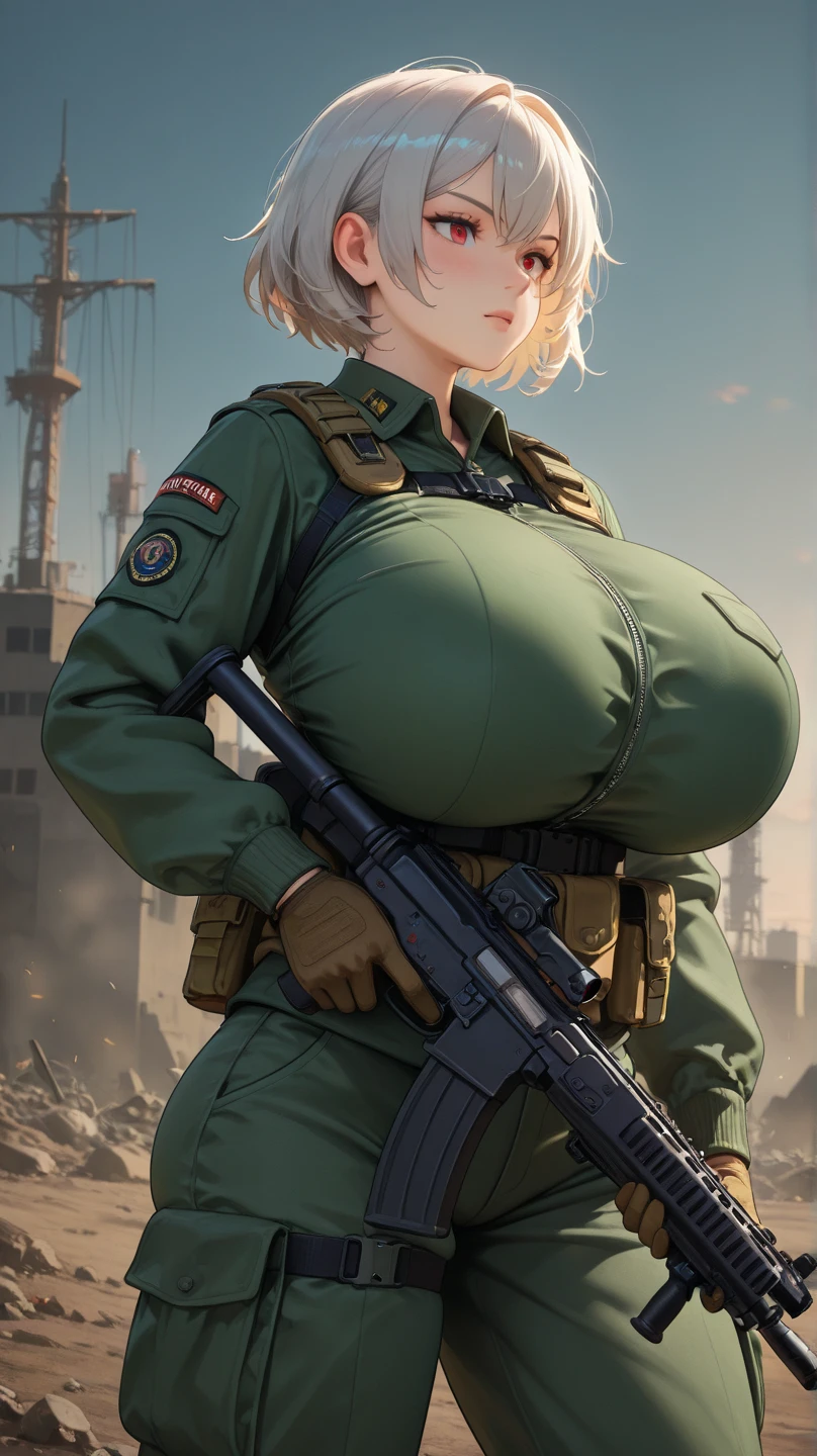 Create a character with in an apocalyptic setting, ele esta sujo, de fundo um carro em um carro feito de sucata, Your clothing has bits of rusty scrap, estilo mad max ((nsfw)) ((huge tits))