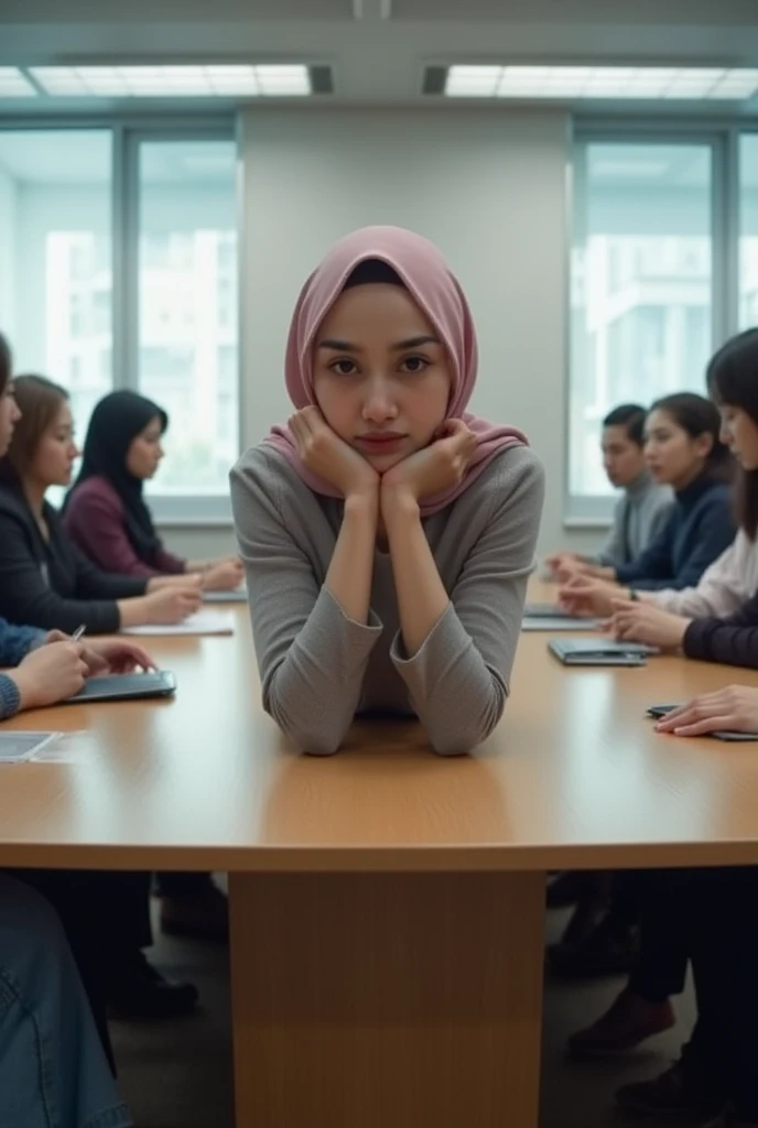 (1 mature girl), 48 years old, sitting on a chair in an office, ((wearing hijab)), wearing white long shirt, wearing fabric long pants, shot from above, wearing niqab, wearing mouth cover