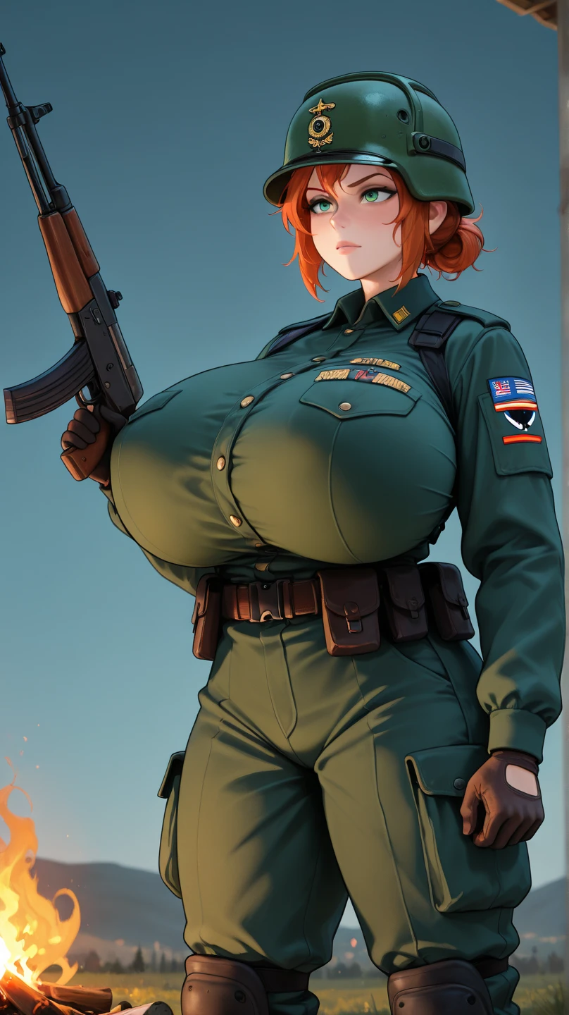 Hot sexy beautiful female special force lieutenant officer, pink hair, ear piercing,bracelets,locket,sharp eyes,curves,charm,white skin, golden hoops earrings , jawline , blush, long straight hair,army soldier uniform,heavy  armour,leg pocket,big chest ,  cleavage , digital watch,  a long french jacket, She keeps her signature ,Her transparent pants , with a black belt. She still has her black fingerless gloves , detailed face,army badges, camouflage,soldier backpack,walkie talkie on shoulder, transparent plate armour,utility vest, knee and elbow pads, holsters, and modular pouches, tactical gear ,blue eye, black heart tattoo on neck, lipstick,huge enormous  breasts , transparent blouse 