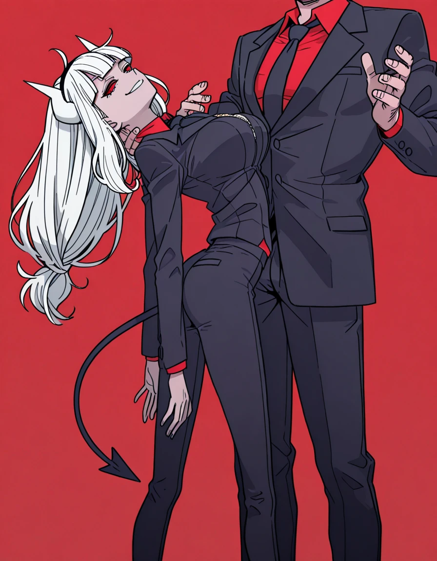 Masterpiece, best quality, Masterpiece, best quality, 1 woman , lucifer (helltaker) , long white hair , red eyes. , sly face , smile , black suit shirt , trousers , big breasts , , abdomen , Put your hands on your hips. , 1 man , old man , embrace