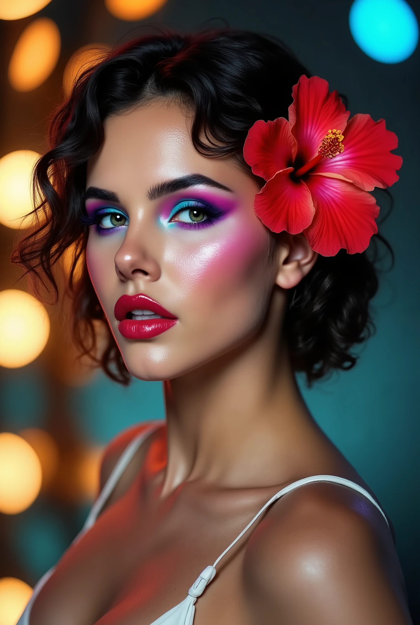 A striking, high-resolution portrait of a young woman with radiant, flawless skin and glossy, plump lips. She is styled with bold, vibrant makeup featuring vivid, multi-tonal eye shadow in shades of deep purple and electric blue, perfectly blended to create a dramatic effect. A large, prominent flower accessoryâsuch as a red hibiscus or bright orchidâis elegantly nestled in her dark, voluminous curled hair. The lighting is expertly crafted with contrasting warm orange and cool teal hues that cast dynamic shadows and highlights across her face, accentuating her sculpted cheekbones, defined jawline, and subtle contouring. She poses confidently yet mysteriously in a three-quarter profile view, her gaze slightly off-camera to evoke intrigue and allure. The softly blurred bokeh background features warm golden lights interspersed with cooler blue tones, enhancing the dreamy, ethereal atmosphere. The composition centers on her expressive eyes and poised expression that convey both grace and strength. This image embodies a modern, artistic aesthetic ideal for high-fashion editorials and beauty photography campaigns, rendered with sharp focus and rich color depth for maximum visual impact.