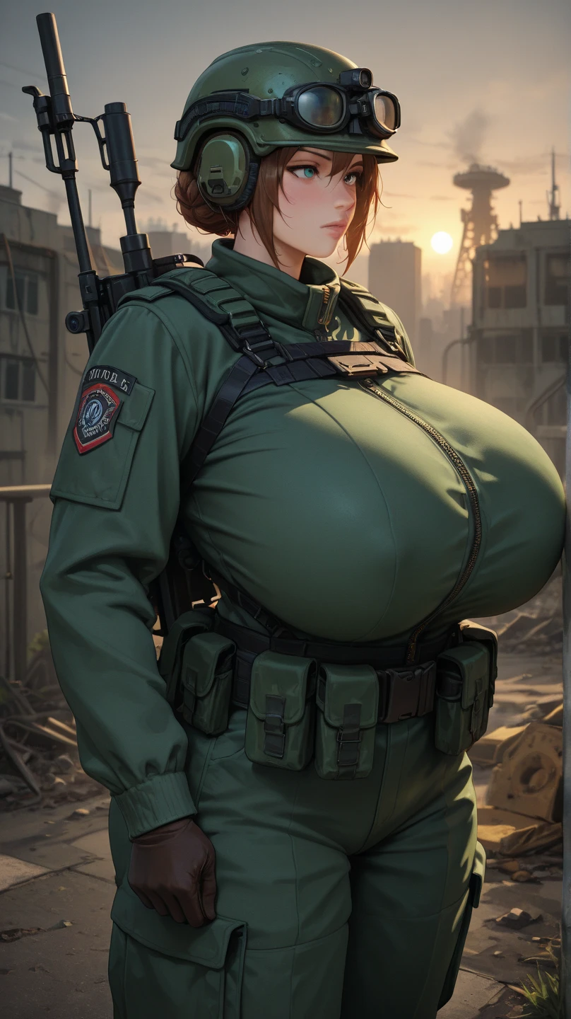 brown and gray sniper girl wearing brown militray suit，Huge Breasts，ruins，red glasses，Thick smoke，cleavage，Lipstick，pant，ponytail hairstyle