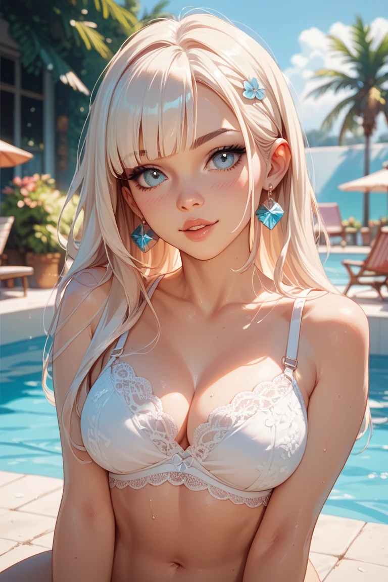 1girl, white hair, sky-blue eyes, aesthetic built, bikini, (best quality,4k,8k,highres,masterpiece:1.2),ultra-detailed,(realistic,photorealistic,photo-realistic:1.37),HDR,UHD,studio lighting,ultra-fine painting,sharp focus,physically-based rendering,extreme detail description,professional,vivid colors,bokeh,fantasy,dreamy,soft lighting,ethereal,serene,calm