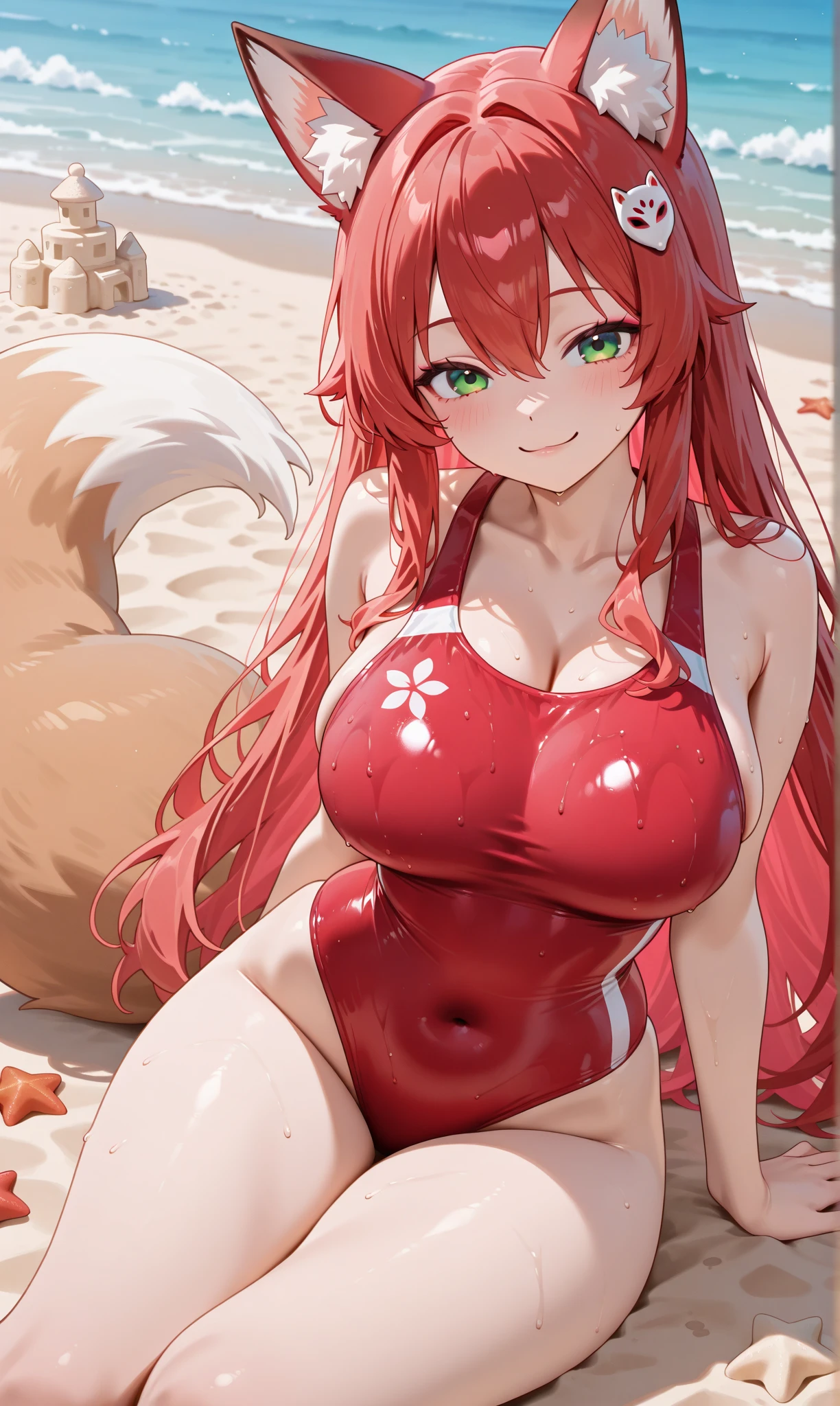 masterpiece, best quality, beautiful art, high resolution, well formed hands, body and fingers, 1 woman, solo, Tamamo No Mae, fox ears and fox tail, adult, big breasted, cleavage, full body, long hair, hair ornament, gorgeous legs and thighs, smile, wearing a sexy dancer outfit, sexy and skimpy bikini, she is fighting in a combat match at a martial arts tournament, she is getting ready to fight, making her guard pose, action and fighting scene, about to hit the viewer, looking at the viewer, sweating , feeling confident and proud, smiling joyfully and happily, charming her opponent with her beauty, fighting scene, martial arts tournament on the beach