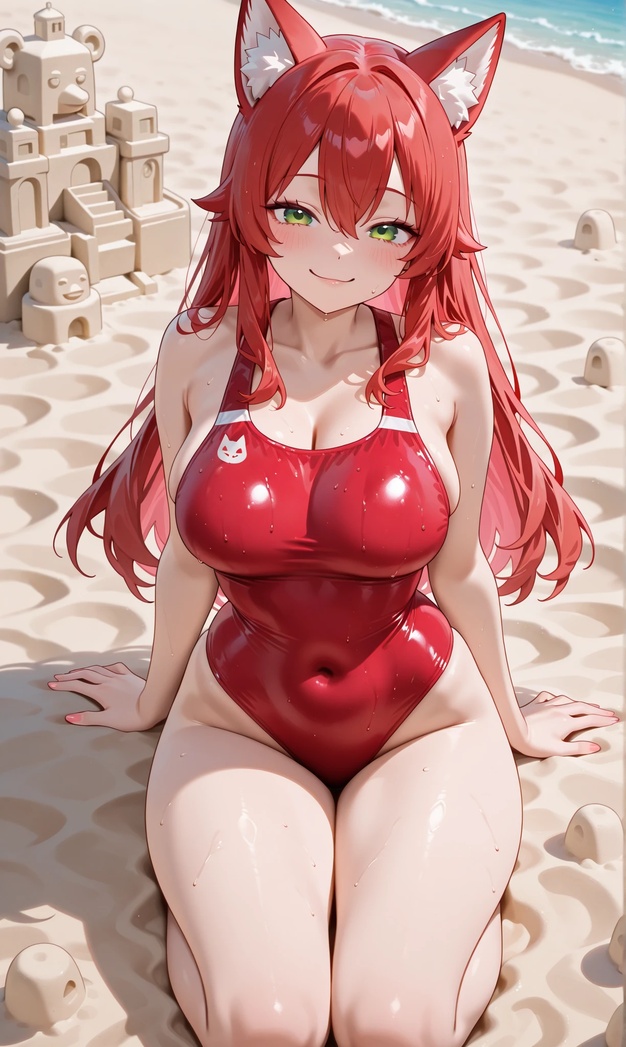 highest quality、Nice sexy body、One Woman、(solo)、((Beautiful busty woman:1.6))、(((Woman with dark red hair:1.3)))、Long hair woman、(((Woman with wavy hair:1.3)))、(((Woman in red competitive swimsuit:1.3)))、smile、Resort Beach、Light blue sea、A woman floating face up on the sea