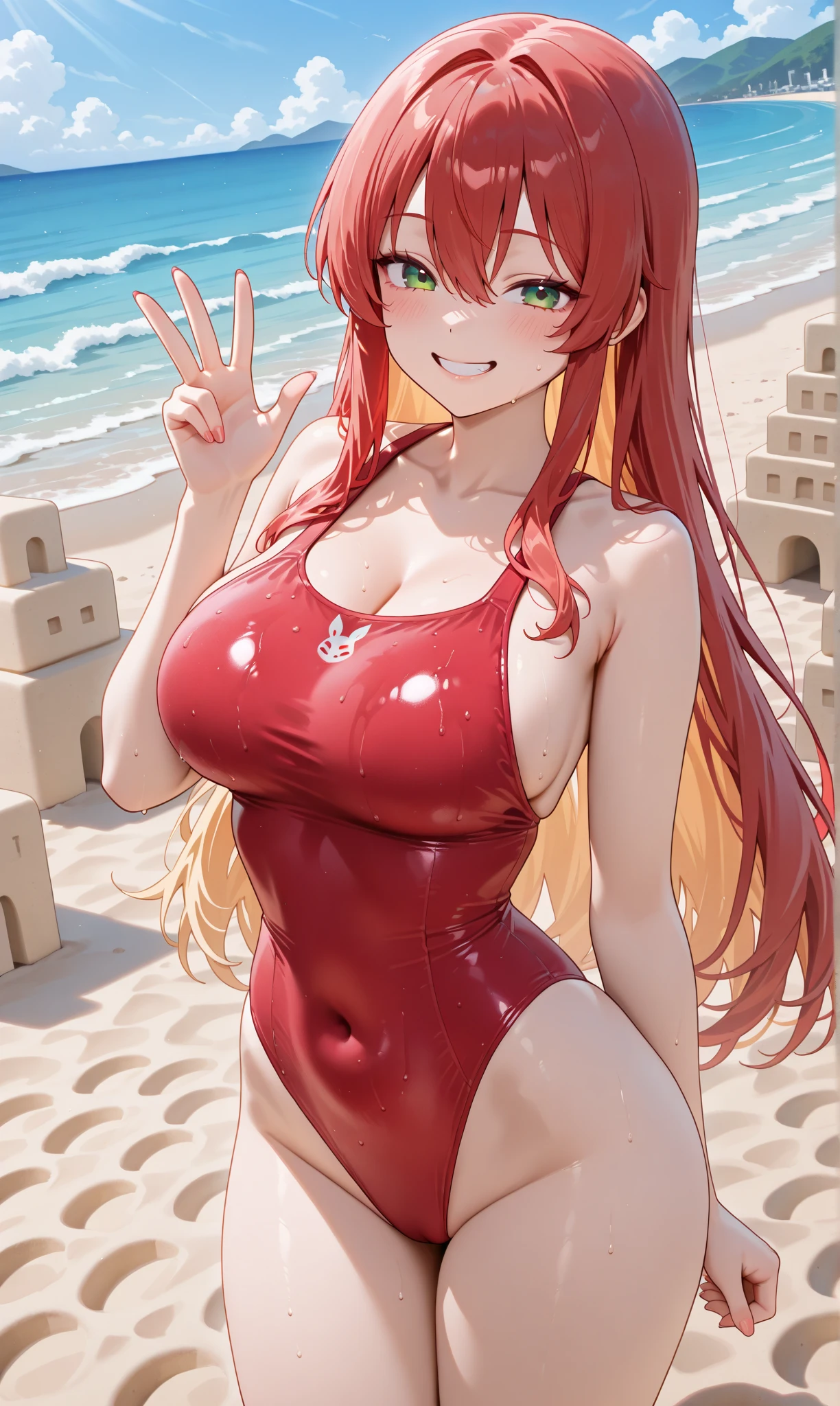 Young beautiful woman,(Highest quality,Extremely detailed depiction,Incredibly absurd high resolution,Anatomically accurate depiction,Two lovely hands, Five perfect fingers,Curvy Legs),(Glowing Skin,Shiny skin,Oilskin),Beach Volleyball,Red latex swimsuit,There is cleavage in the chest,Glossy Lips,Flying beach ball,Sweat,whole body,background:Beach Volleyballの会場,blue sky