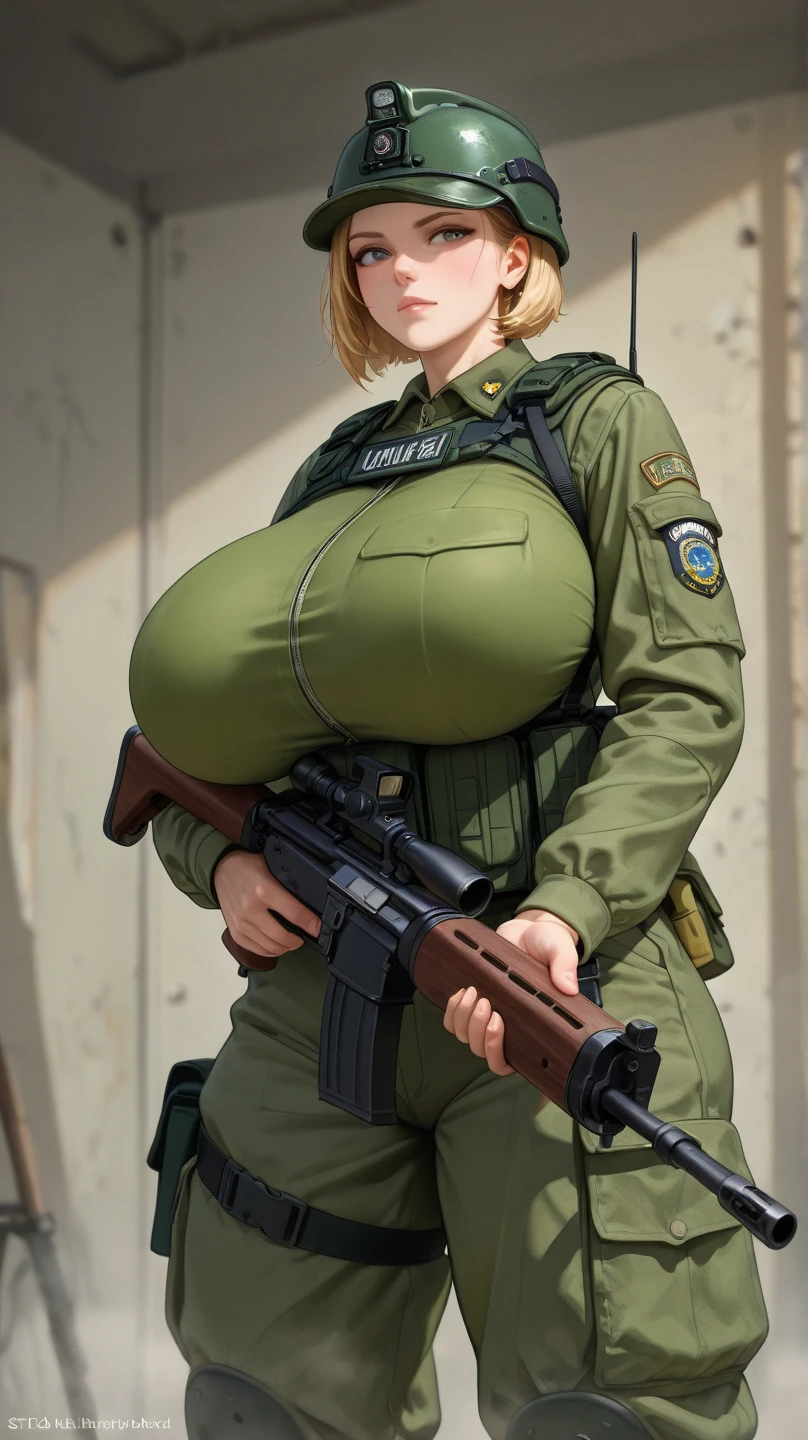 shinny skin、breastsout、high detailing、超A high resolution、(Photorealsitic)  (Twin-tailed hairstyle)、a blond、military outfits、Military、Cool、 beautidful eyes、Exposing breasts、blue eyess、Colossal tits、both hands behind head、soldier、camouflage uniform、Angle from above