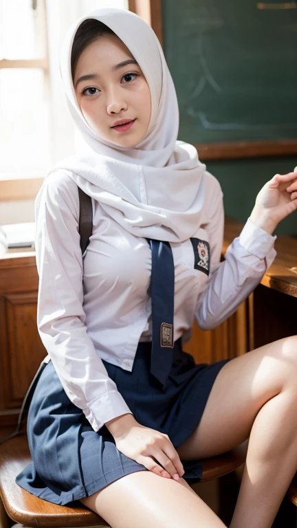 Beautiful, cute baby Face, 18 Years old Bella Hadid with hijab, cute face,super detailed face,detailed hand,beautiful skin,oily skin,big eyes,profeccional lighting,brown beautiful eyes, big smile,standing, (skirt lift:1.2),big breasts, (sailor suit),(checked skirt), panties, black high socks, spread legs, she is looking at the camera,classroom, from below,