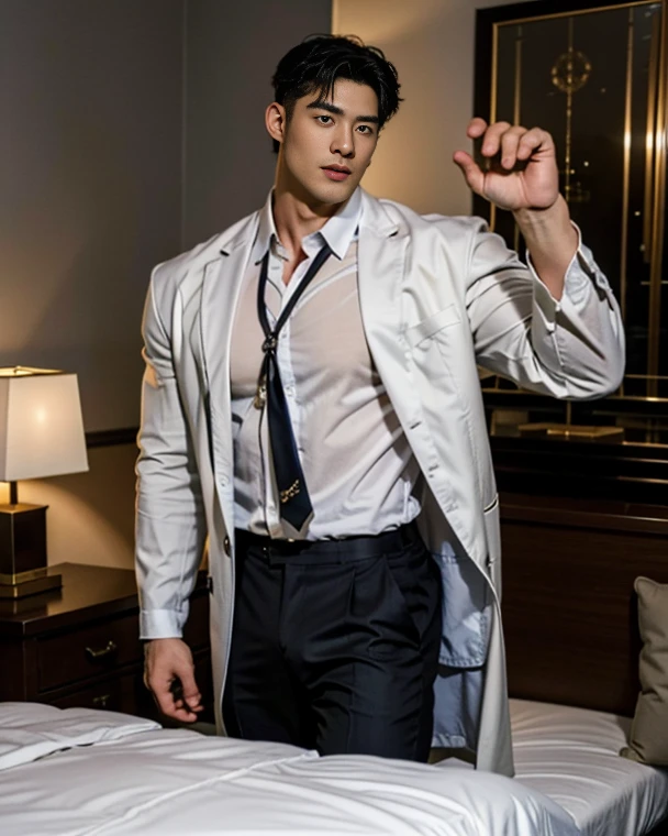 50yearsold，Kogoro Mouri，，Business suit，Shirtless man in underwear（The contour is raised）Do it in bed，Kneeling，leg wide open，raise，lbeard，Black socks，White panties，Lunette de soleil