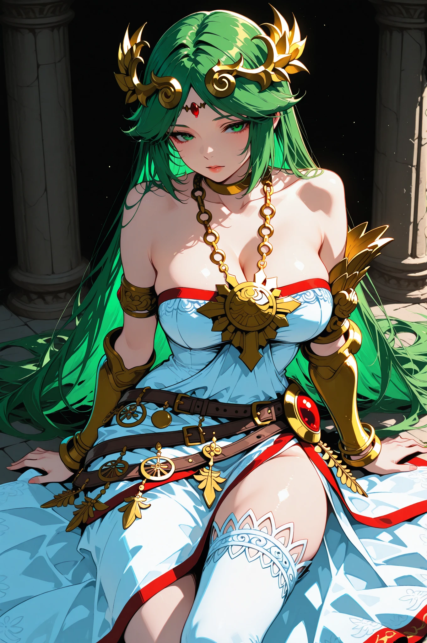Black Kakalot Female, Green Hair, Look at Viewer, Green Room, sleeping in bed, (((turn back))), panty