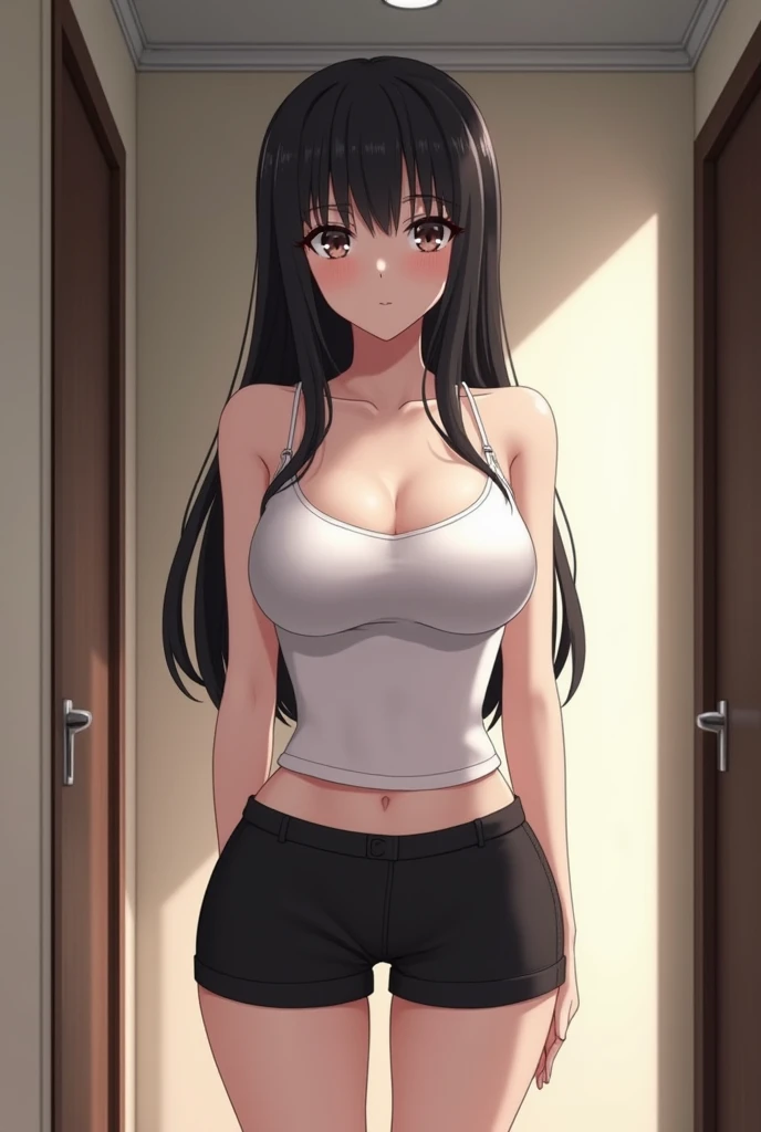 Create an image of an anthropomorphic hentai slut with breasts the same size as an 18-year-old human, long hair, black miniskirt, 2D anime style