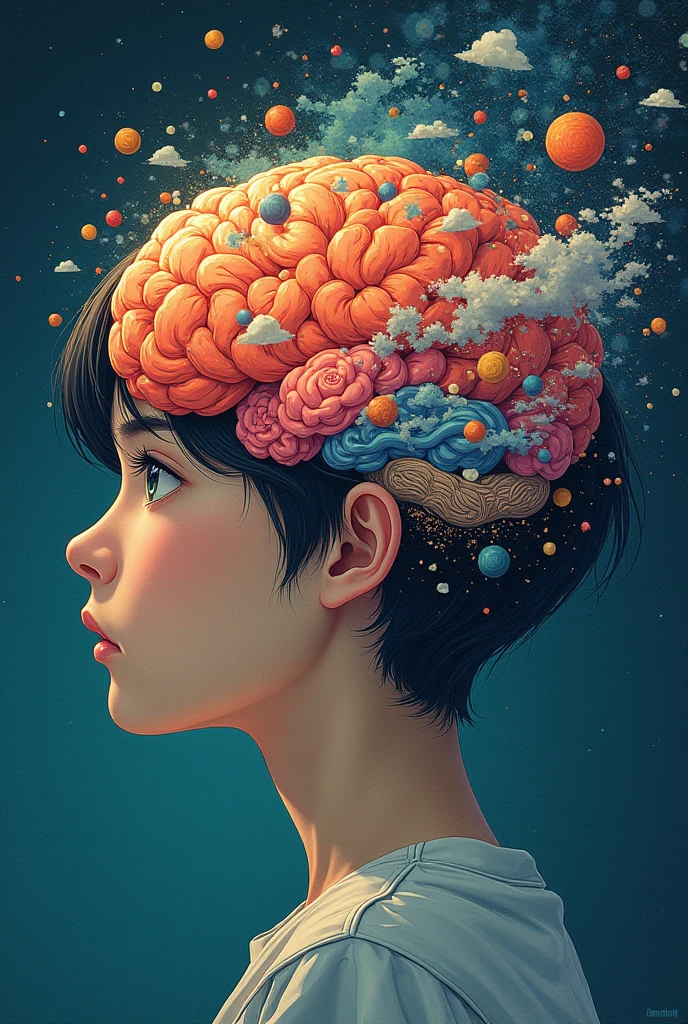 Asymmetrical, Looking at the side of the photo, the girl with round glasses, the top of her head disconnected, the brain floating up beneath the floating top of head, face disconnected from top of head underneath, colorful art style, looking to the side, brain outside head