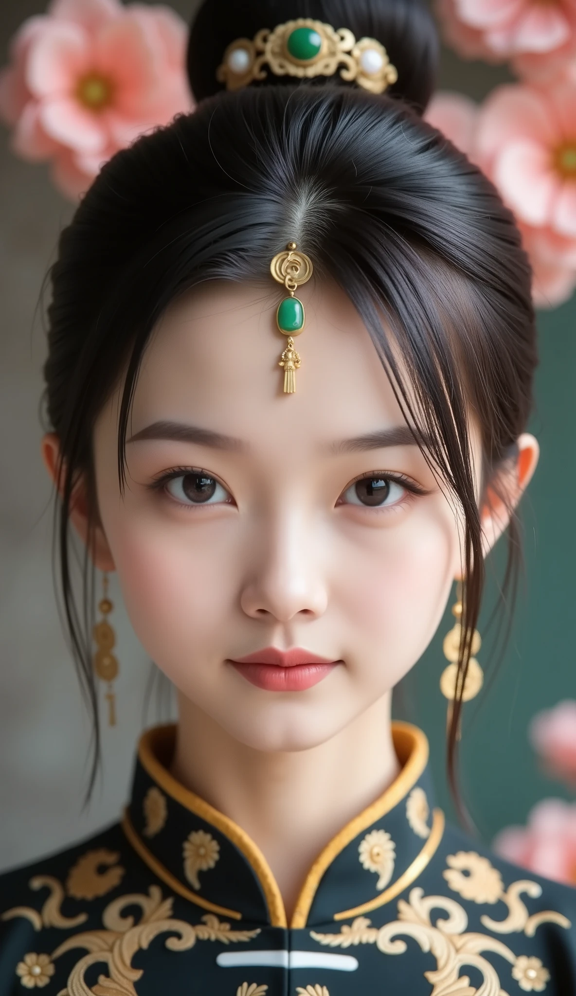(close-up of a beautiful noble Asian woman:1.25), Delicate and symmetrical features, Large and expressive eyes, detailed and elegant makeup without plastic texture, natural red lips, Neutral and powerful expression, mystical symbol on the forehead, gold earrings with green stones, hair tied with traditional jade and gold ornaments, (dark Chinese imperial clothing with gold embroidery:1.2), colar ornamentado, background with exotic flowers floating, petals in motion, soft mist and oriental fantasy atmosphere, (dramatic and soft lighting at the same time:1.15), hyper-detailed wuxia art style, (8K digital painting resolution:1.2), stylized ultra realism