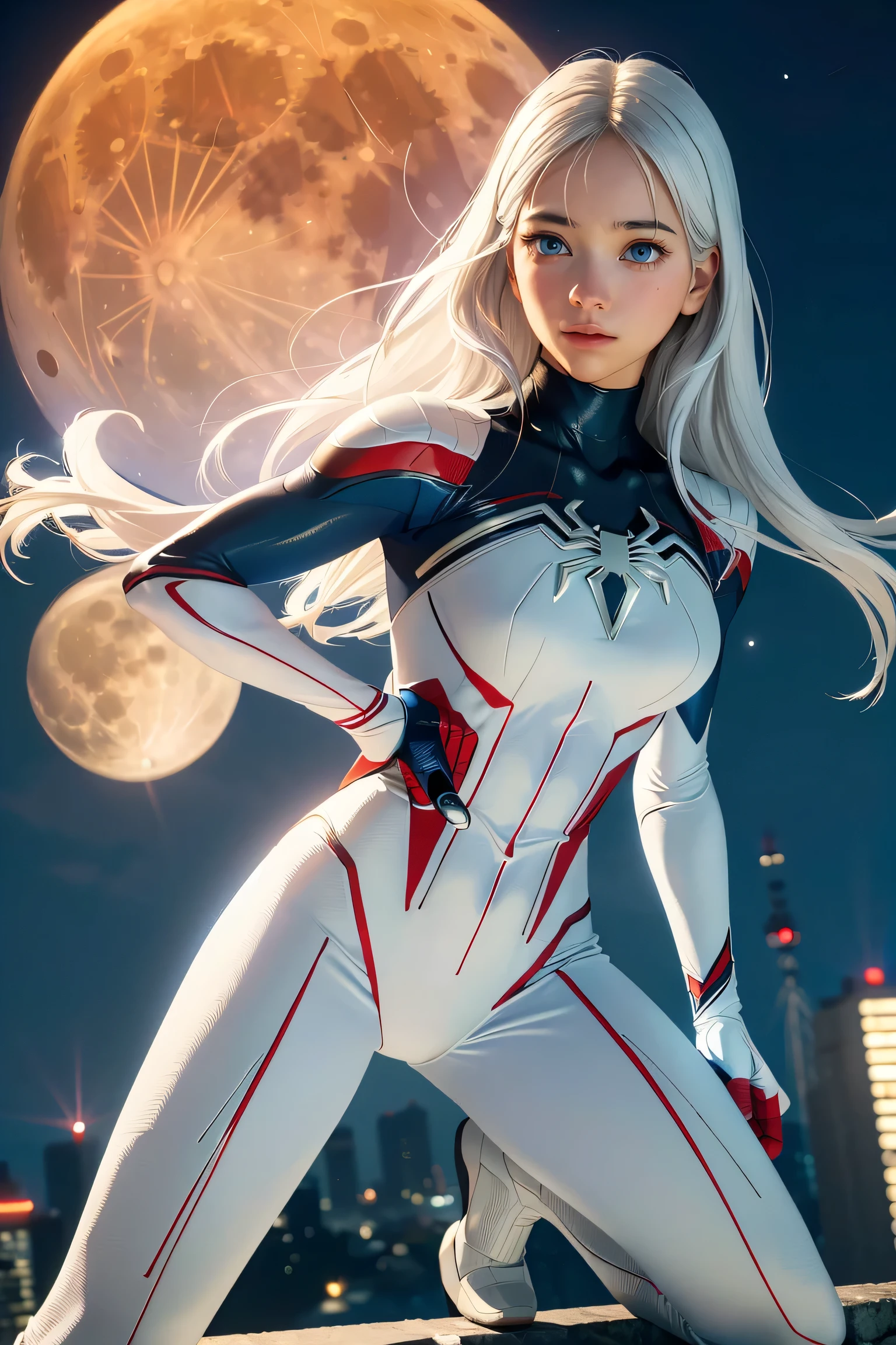 (Masterpiece, 4k resolution, ultra-realistic, very detailed), (White superhero theme, charismatic, there's a girl on top of town, wearing Spider-Man costume, she's a superhero), [ ((25 years), (long white hair:1.2), full body, (blue eyes:1.2), ((Spider-Man pose),show of strength, jumping from one building to another), ((sandy urban environment):0.8)| (cityscape, at night, dynamic lights), (full moon))] # Explanation: The Prompt mainly describes a 4K painting of ultra-high definition, very realistic, very detailed. It shows a superheroine at the top of the city, wearing a Spider-Man costume. The theme in the painting is a white superhero theme, the female protagonist has long white hair, is 25 years old and her entire body is shown in the painting. In terms of portraying the actions of superheroines, spiders are employed