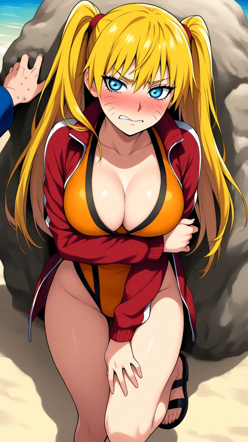 masterpiece, high resolution, best quality, beautiful art, detailed hands, 1 woman, dark magician girl, mature woman, big breasted, cleavage, wearing a Tyris Flare outfit, sexy and skimpy bikini, alluring body, full body, ryona, in peril, she is being beaten up, slammed against the wall, reacting to pain, closed eyes, fainting, screaming in agony, ryona scene, bouncing breasts, beach environment