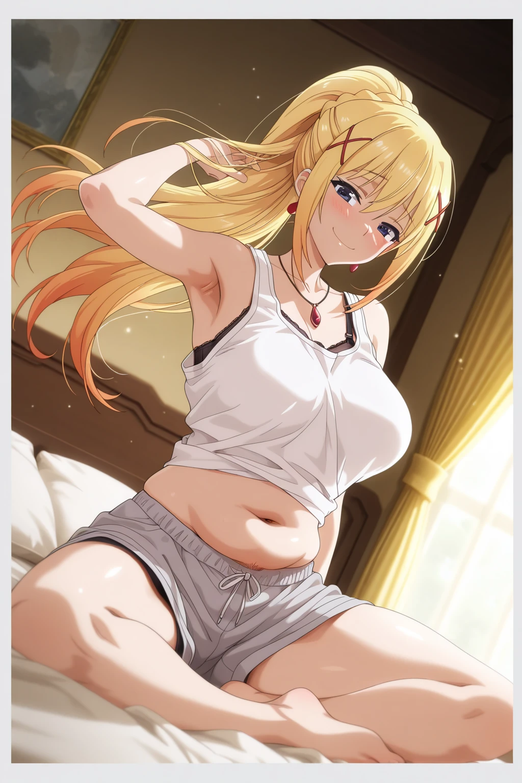 beautiful, masterpiece, best quality, extremely detailed face, perfect lighting, masterpiece, best quality, 1girl, blush, alice \(seka\), closed mouth, one eyes closed, large breasts, sitting, wariza, on bed, looking at viewer, wet, sweat