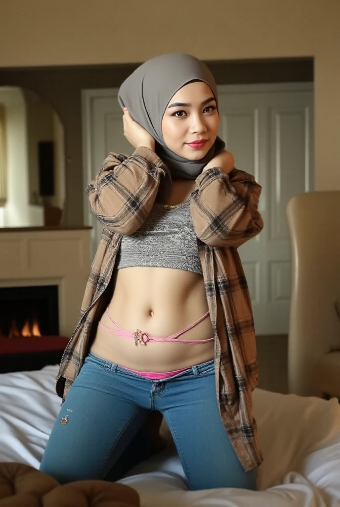 ((Hijab Stylish)), ((CUTE PUSSY)), ((LAUGH AND SMILE SWEETLY)), ((THIN)), ((Straddling)), "Naked Lingerie Bra" ((Hijab Stylish)), (Malaysia female), age 15 years old, 8K, photottorialism, G-String, ((RED LIPSTICK))