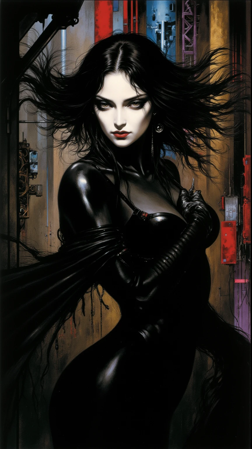 a sexy girl with a punk-gothic appearance and long hair, in the streets of the city of vampires:1.5 (art inspired by Bill Sienkiewicz, oil painting) black and white image (best quality,4k,8k,highres,masterpiece:1.2),ultra-detailed,(realistic,photorealistic,photo-realistic:1.37),intricate details,vivid colors,sharp focus,professional,Dave McKean artwork, oil touch of surrealism,oil painting style
