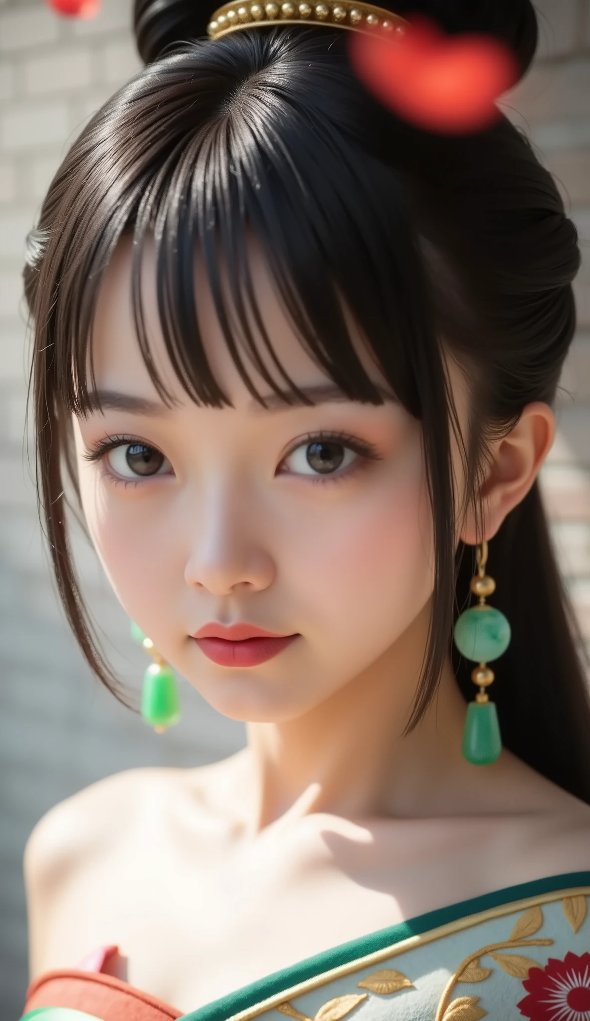 (close-up of a beautiful noble Asian woman:1.25), symmetrical and soft traits, large and deep eyes with fine outline, natural arched eyebrows, soft skin with porcelain lighting, natural red lips with light shine, serene and powerful expression, hair tied with traditional jade and gold ornaments (sem adorno na testa), long gold earrings with green details, (imperial Chinese clothing with gold floral embroidery:1.2), floral background with floating red petals, soft mist, oriental fantasy atmosphere, (detailed wuxia art:1.2), (ultra realistic digital painting 8K), dramatic but delicate lighting, estilo pintura 3D