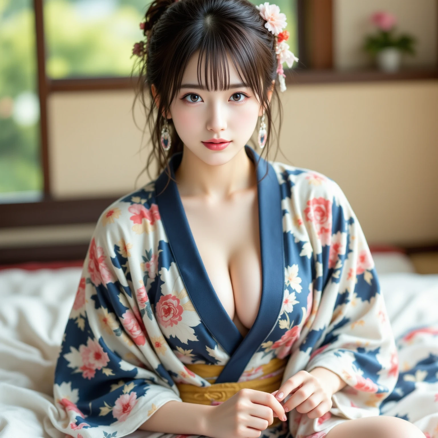 Best Quality, masutepiece,  (Photorealistic:1.4), Raw photo, 1girl in, (Kimono beauty with a crane pattern:1.2),From  above, (Big breasts:1.1), cleavage, No lingerie, Young Gravure Idol, Japanese Models, Young Pretty Gravure Idol,  gros-plan, Looking at Viewer, castle town, Upstyle, Hair Ornament,Beautiful photos,is beautiful, fullbody image,Japanese-style room