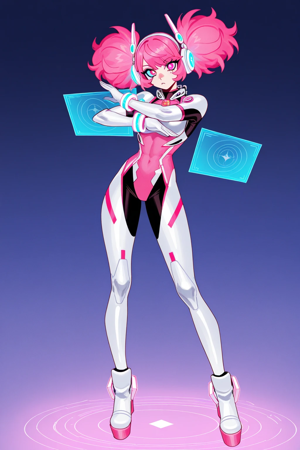 (best quality, masterpiece, anime, 4k, extreme detail), 1girl, magical girl, pale skin, freckles, green eyes, busty, deep cleavage, boob window, beautiful eyes, redhead, braids, floor length hair, white and pink outfit, big boots, clock logos, bodysuit, fractured sky, bold colour scheme, teasing, flirty, joyful, torso shot