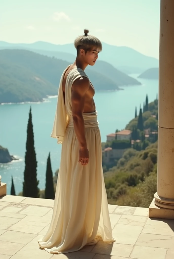 Greek god Apollo sitting on a throne, blue eyes, golden hair, laurel leaf crown, wearing a sheer silk toga, perfect body, handsome face, penis, surrounded by majestic clouds and rays of sunlight, with a magnificent view of the Greek landscape in the background, including ancient ruins and a serene sea. [landscape] [detailed clouds] [vibrant colors] [natural lighting] [intricate details] [harmonious composition] [ethereal atmosphere] [timeless beauty]