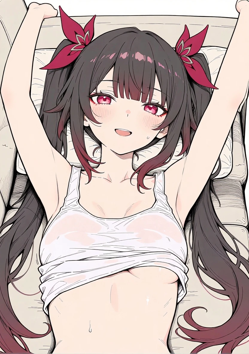 One 15-year-old girl, ((Her camisole is open、Sexy Underwear))、(Black Hair,Red-pink inner color hairstyle), Beautiful Hair, Facial Contour, Remember, ,Hotel, night、illumination、splash, Lens flare,, Natural Color, High resolution, Very delicate, Very detailed, 8k,Lying in bed、(There is only a slight swelling of the chest,About B cup)、Shyness,((Sexual)),((Sexy feeling))