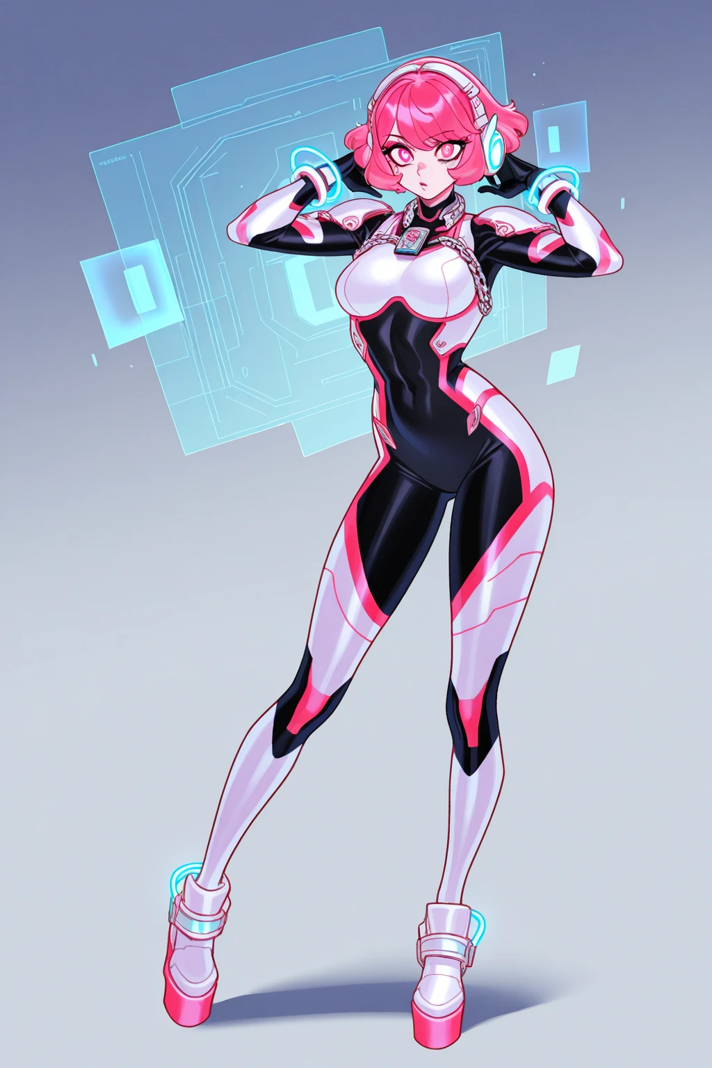 pink hair, (short bangs hair:1.36), wide hips, slim hourglass figure, narrow waist, depth of field, 1girl, (neon starry girl next door:1.3), (on a   background:1.3), (full body:1.4), pose, [:intricate, formal costume design:0.2], muscular, zettai ryouikia, big breasts, wide hips, athletic thicc perfect hourglass figure,skindentation, ((thigh cutout:1.3):1.2), (((dark skin)))