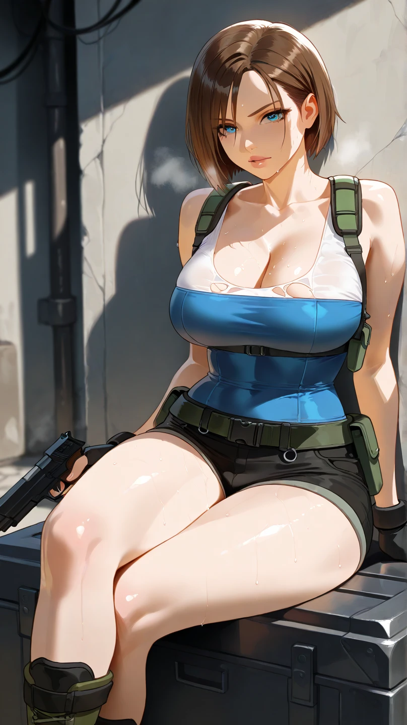 (anime), (illustration), cartoon, detailed, a woman sexy, busty, soaking wet, rain, dark shot, 3d  <lora:Quiet:0.85>