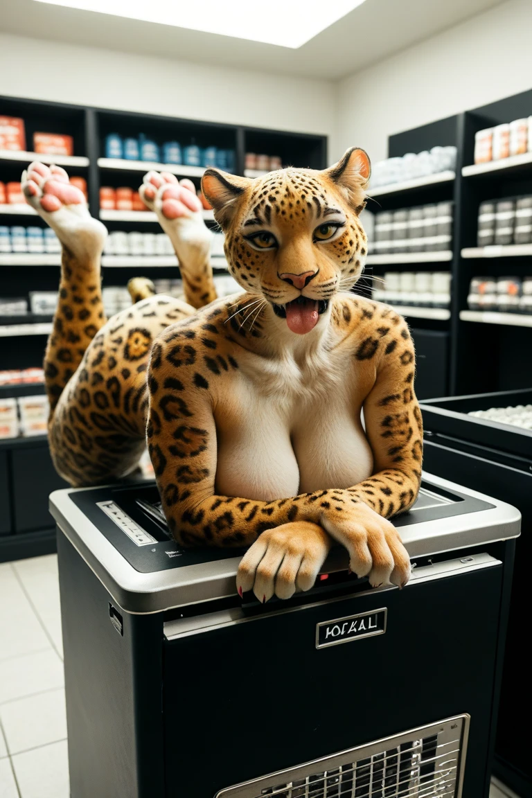 Embarrased expression, score_9,score_8_up,score_7_up,(fluffy anthro furry :1.3), Best quality,best resolution,(fluffy anthro fluffy :1.3), (Solo) anthropomorphic furry female cheetah, large breasts, slim body long brown hair, green eyes, indoors in a crowded mall, lots of people, , perfect hips, aesthetics of the female body, very noticeable relief of the body and hips and legs, top view, shes very tall, blue genitalia, tied white shirt, smiling, whole body, futanari, cum, cock milking machine, sperm collection, moaning, another leopard next to her is also cumming