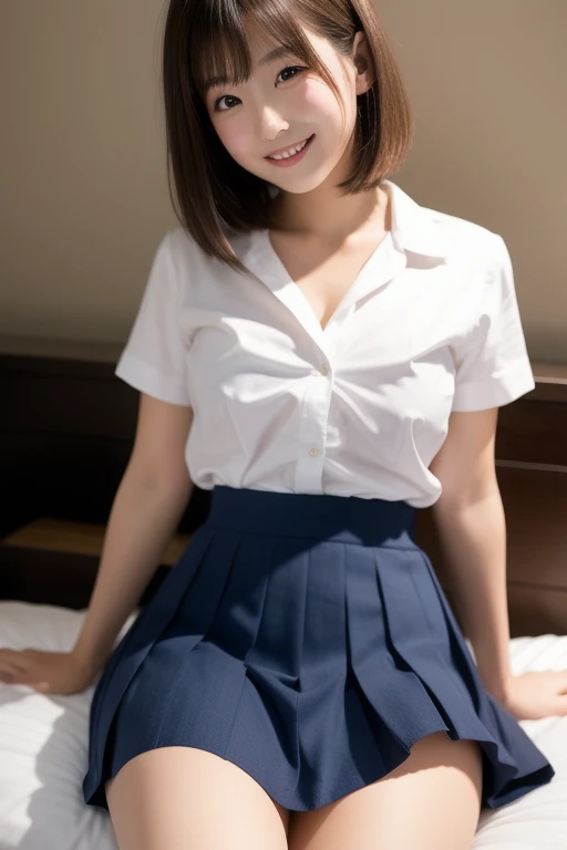 Mix 4, (16K, RAW Photos, Best image quality, masterpiece: 1.45), (Realistic, Realistic: 1.37), One Girl, cute, Professional Lighting, Photon Mapping, Bedroom, Physically Based Rendering, Dark brown long bob hair,beautiful, well-groomed eyes、double eyelid、With a girl, (((Uniform Blazer、Short-sleeved shirts worn by Japanese high school girls、Checked mini skirt,、Dark blue socks、Black Loafers))), Highest quality photos, High resolution, 1080P, (Clear Face), (Detailed face description), (Detailed hand description), (masterpiece), (Exquisite CGI)、Extreme light and shadow、Disheveled Hair、masterpiece、Rich details、(beautiful Faces)、(Top quality photoassessing muscle area)、(Fine grain)、Look in front of you、Thin clavicle、((Slim and large))、(((In Japan, we wear short-sleeved shirts)))、((Pure Idol))、((明るいBedroom))、(Shot from random perspectives)、(((とにかくcute)))、Earrings、Big smile、Drawing the whole body from the knees、No nasolabial folds、(Large and firm breasts:1.2)、Tight big ass、Two arms and two legs、(((from the front:0.4)))、bare hands、Symmetrical eyes、