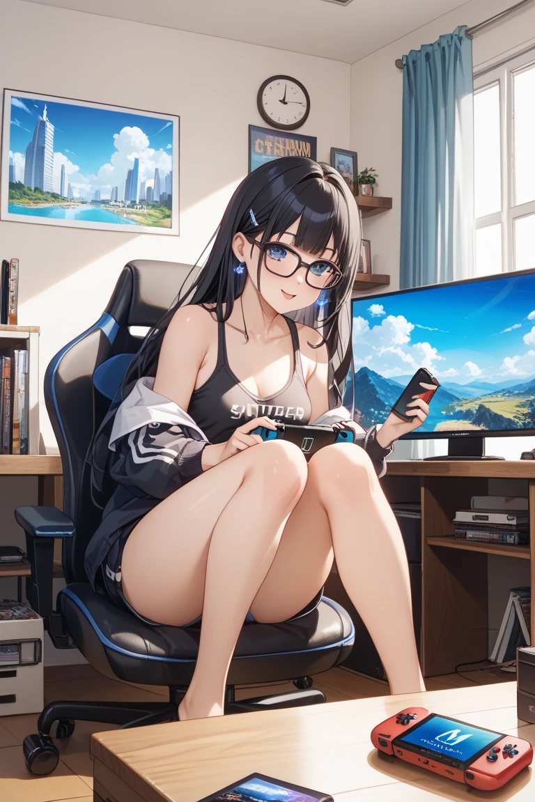 One Woman、beautiful girl、Sit on a chair、Big glasses、Dark Room、computer、Sit in a gaming chair、High-end headphones、Grip the game controller、computerに向き合う、beautiful girl, Highest quality, Tight T-shirt、Tight T-shirt、Game Geek、Thick thighs、Big 、Big Ass、Black Hair、long hair、Bangs、Sweaty body、I&#39;m sweating all over、Excited、Stripes々Panties、Play online games、片足を組みながらSit on a chair