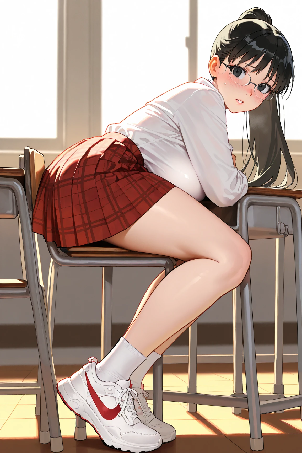 anime girl sitting on a desk with her legs crossed, beautiful anime girl squatting, a hyperrealistic , seductive anime girl, hyperrealistic , realistic , beautiful anime high school girl, cute , smooth anime cg art, beautiful alluring anime teen, the anime girl is crouching, attractive anime girl, school girl, sitting on a desk, (masterpiece), best quality, expressive eyes, perfect face, 1girl, solo, rintohsaka, rin tohsaka, aqua eyes, black hair, hair ribbon, long hair, ribbon, sidelocks, two side up, black skirt, black thighhighs, long sleeves, miniskirt, pleated skirt, ((red sweater)), skirt, sweater, thighhighs, turtleneck, city background, sitting, character sheet, upper body, portrait, looking at viewer, big , big tits, thicc, gaze looking at the camera, white sock colors, ultra realistic graphic,
