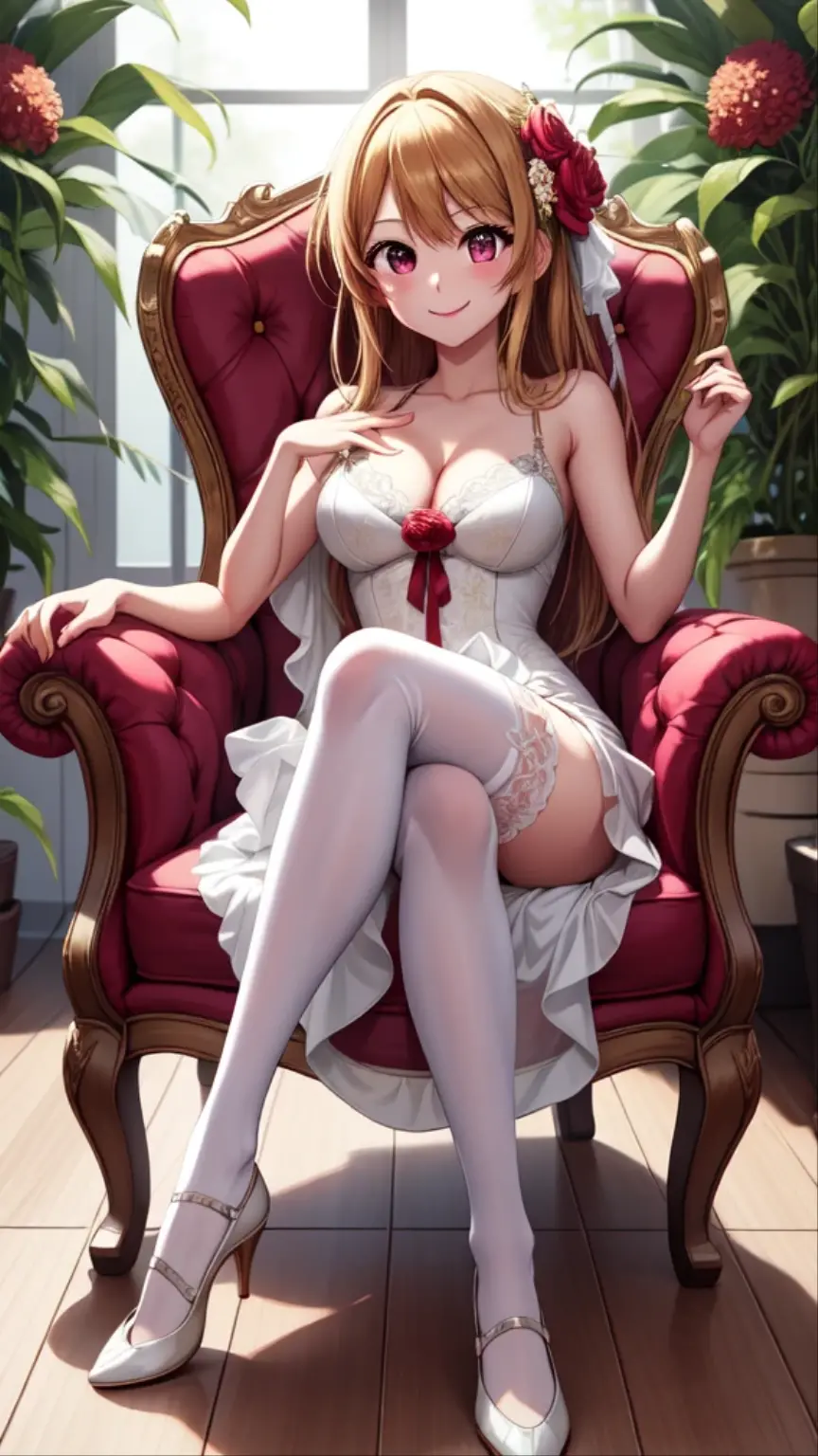 anime, beautiful face, highly detailed face, 2 accurate legs detailed eyes, highly detailed background, perfect lighting, accurate arms, accurate hands, accurate fingers, full body, 1girl, solo, ruby hoshino, oshi no ko, indoors, detailed heels, white detailed thighhighs, outdoor, ina garden of flowers, absurdres, high res, ultrasharp, 8K, masterpiece, looking at viewer, elegant pose, (full body:1.4), smiling with compassion, teasing smile, detailed dress, patterned wedding dress, cleavage, sitting down on a chair